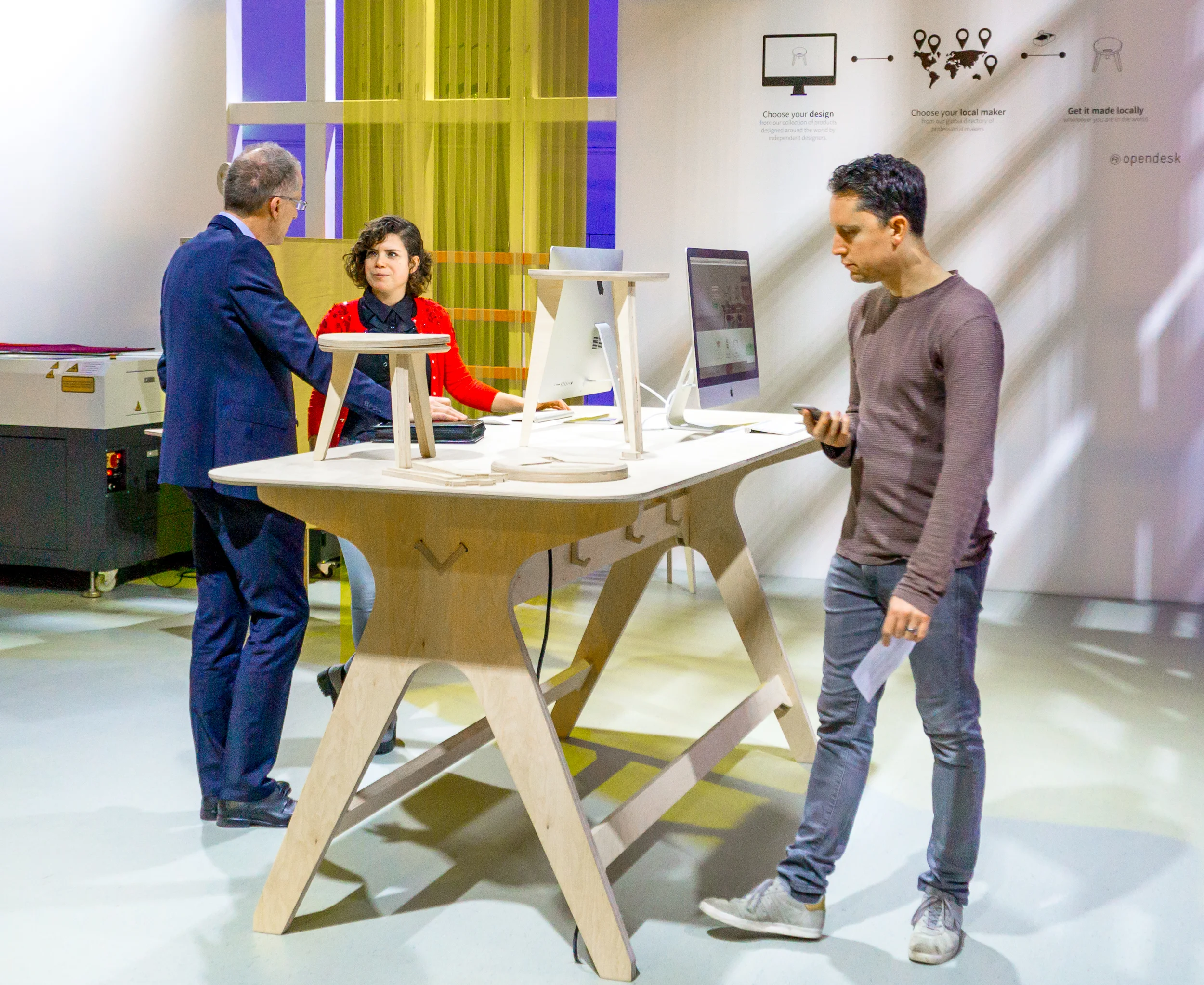 Fab Lab: Opendesk Opendesk is a revolutionary furniture company built upon open-source principles, with decentralised manufacturing at its heart. Opendesk's Open Making mission is to build the world's most equitable and distributed supply chain — and to replace anonymous factories with local faces. Opendesk furniture designs can be downloaded and made locally anywhere in the world — minimising waste, storage and shipping. The Open Making process is simple. Designers submit work and choose Creative Commons licence terms. Customers are linked to their nearest local fabricator via opendesk.cc, and can download a digital design file to make their own furniture in a local maker space. Opendesk makers use CNC milling, which, like 3D-printing and laser cutting, is a digital manufacturing technology. It Uses a computer-controlled drill to cut parts from sheet materials such as plywood, recycled plastics and bio-resin composites. opendesk.cc