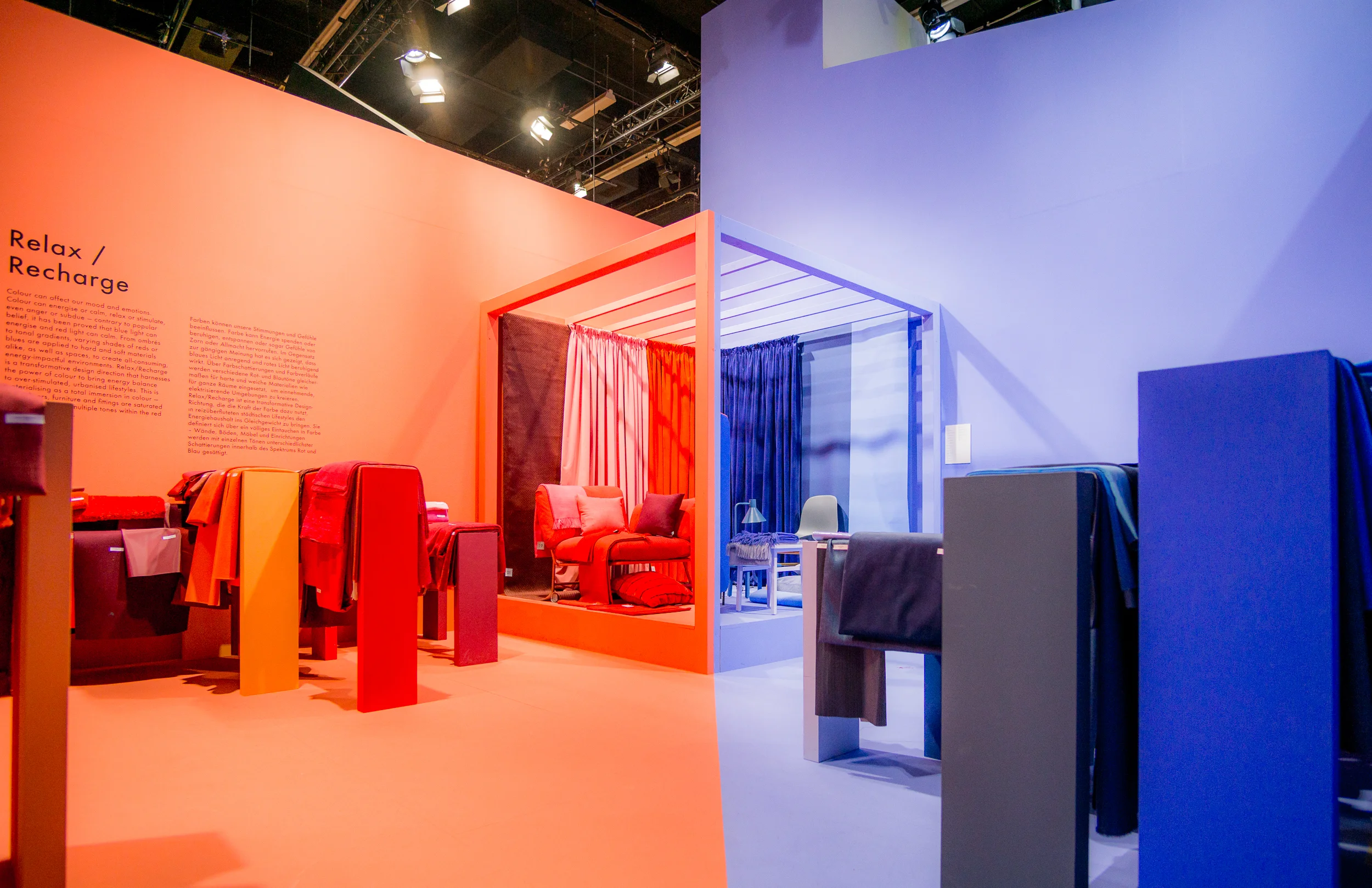 Relax /Recharge Color can affect our mood and emotions. Color can energize or calm, relax or stimulate, even anger or subdue — contrary to popular belief, it has been proved that blue light can energize and red light can calm. From ombrés to tonal gradients, varying shades of reds or blues are applied to hard and soft materials alike, as well as spaces, to create all-consuming, energy-impactful environments. Relax/ Recharge is a transformative design direction that harnesses the power of color to bring energy balance to over-stimulated, urbanized lifestyles. This is materializing as a total immersion in color — walls, floors, furniture and fittings are saturated with single hues in multiple tones within the red and blue spectrums.