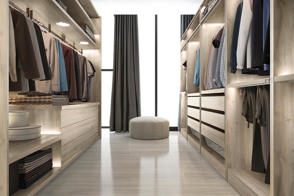 Elegant walk-in closet in light brown woodgrain finish