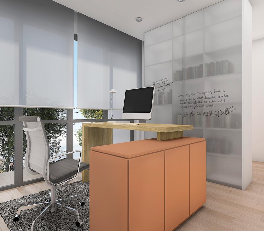 Flexible workspace with desk and matte finish storage cabinets
