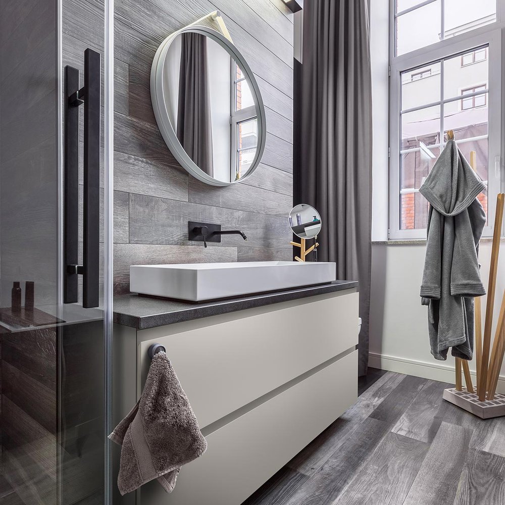 Upscale multifamily bathroom vanity with matte finish 