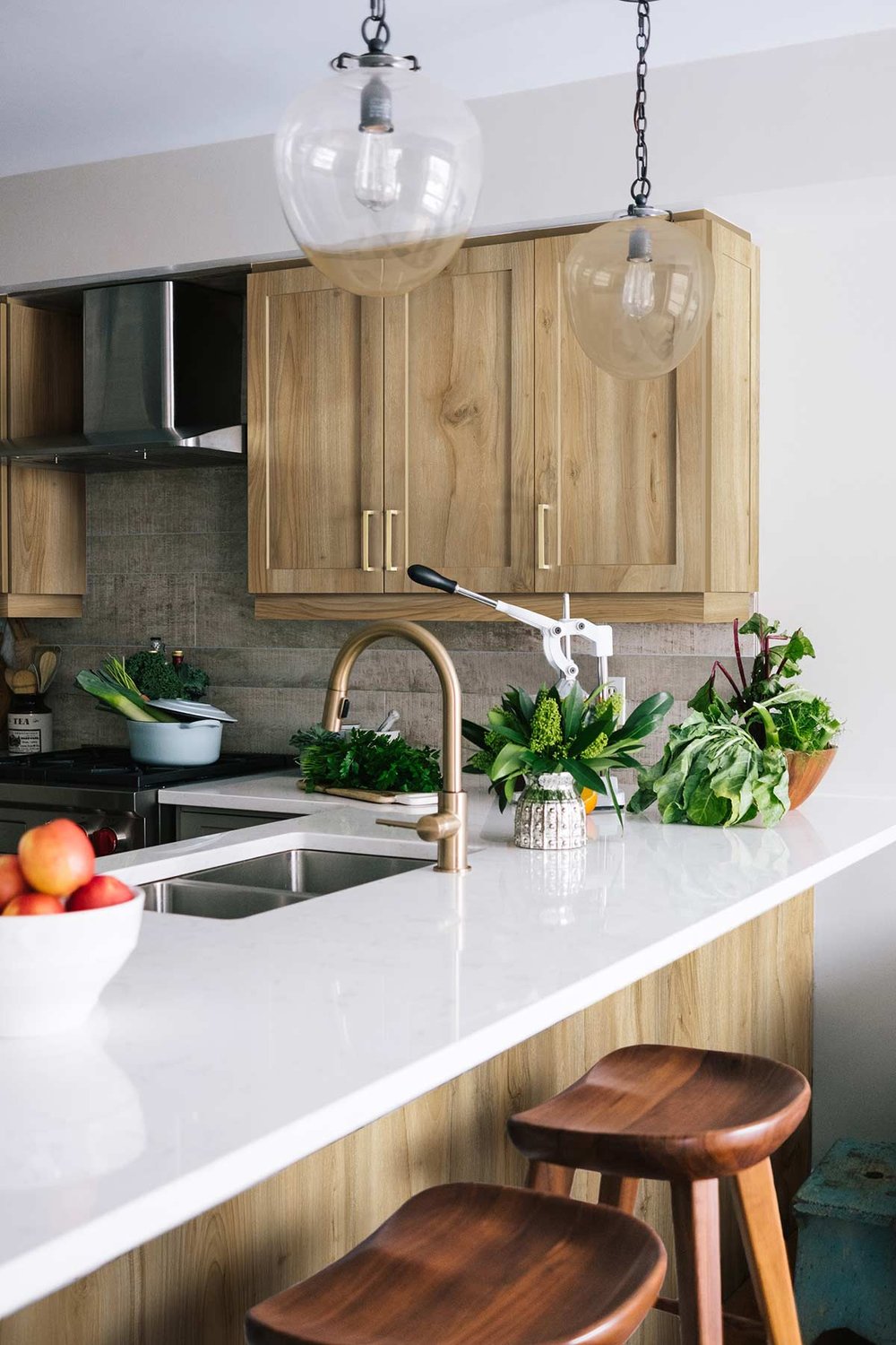 Stylish kitchen with warm woodgrain cabinets