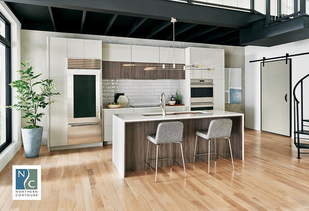 Modern eat-in kitchen with gloss white and wood grain cabinets
