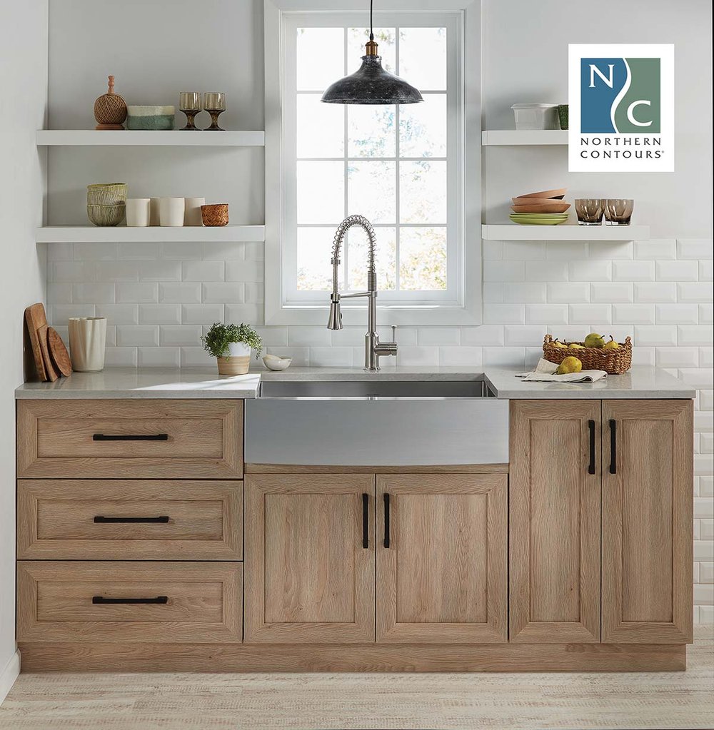 Transitional farmhouse kitchen with woodgrain cabinets