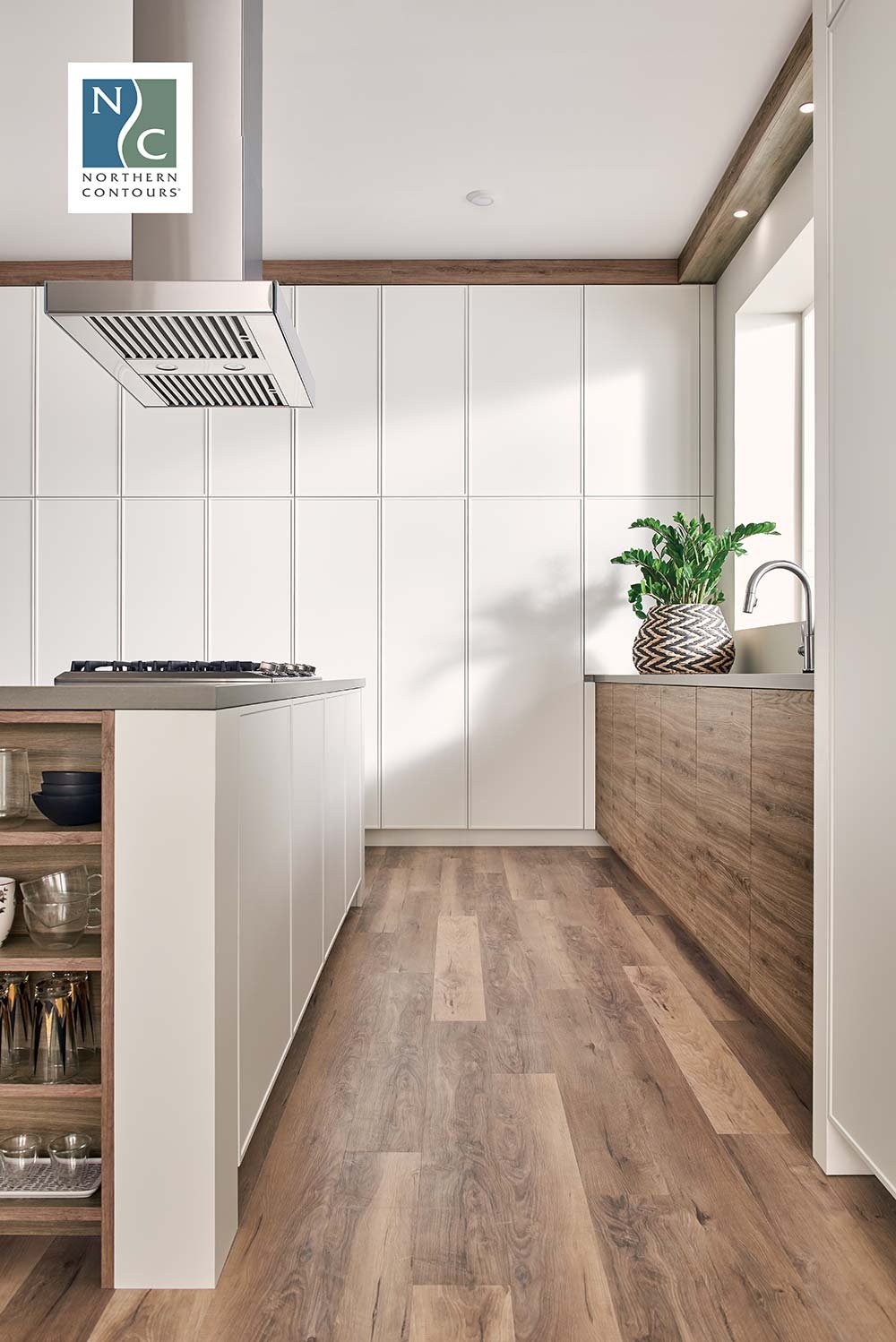 Modern kitchen with matte white and warm woodgrain cabinets