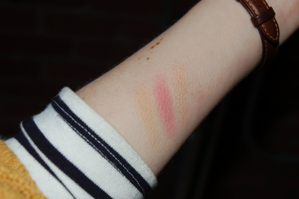  Bronzer/lighter blush, blush and highlighter with flash. It was tricky getting swatches of these! 