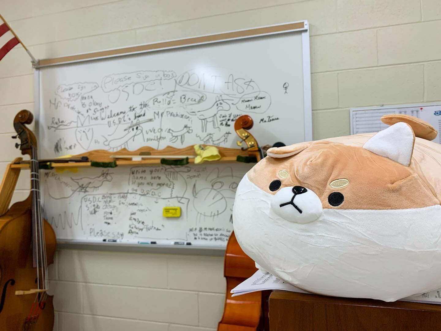 Meet Leeeeee the Shiba Inu.

Over the course of the past month, what started as a drawing on my whiteboard turned into our orchestra mascot. One of my students attempted to draw a dog. I asked why it looked like it had six legs and a unibrow. Instead