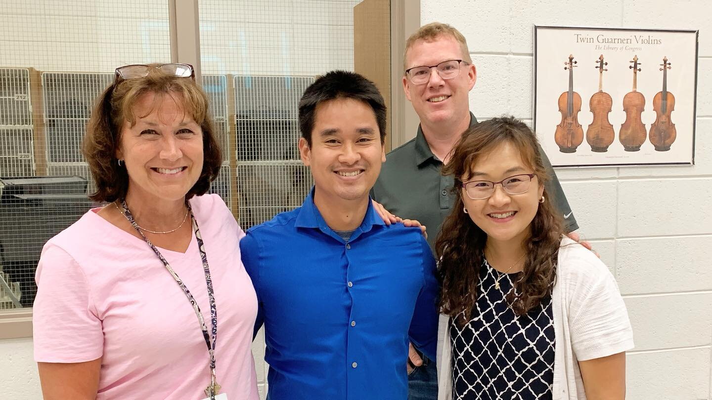 From student to colleagues!
In order from left to right:
Mrs. Hartzell (my elementary orchestra teacher), me, Mr. Hensil (my high school orchestra teacher), and Mrs. Pak (my middle school orchestra teacher)!
It&rsquo;s great to be back and to see so 