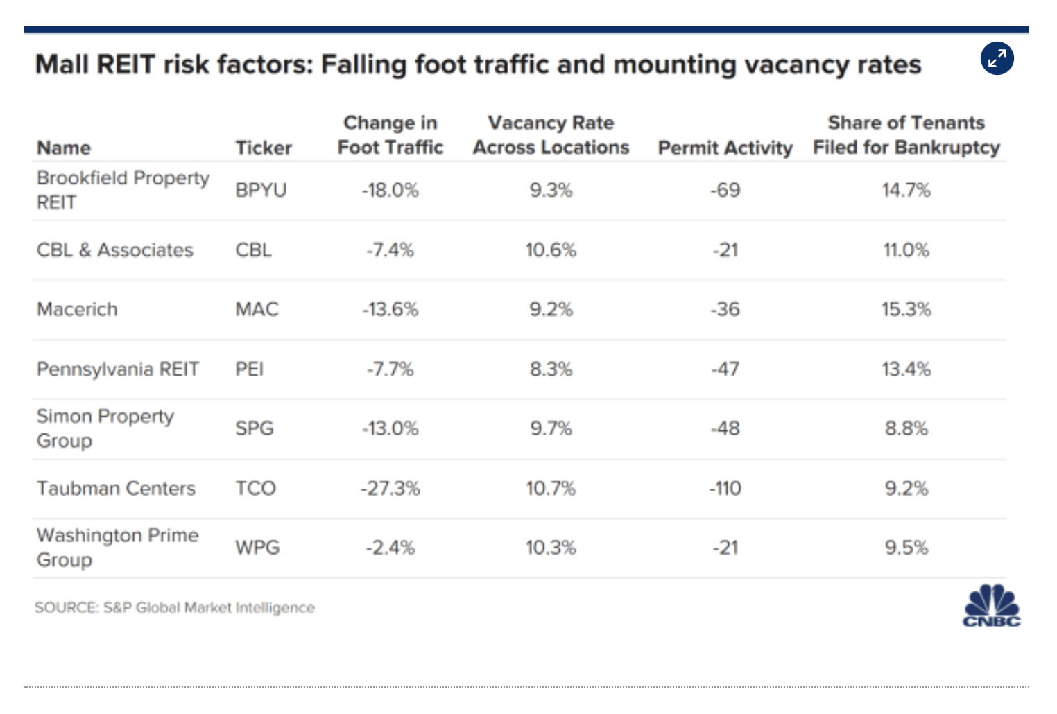Chart of Mall REIT risk factors including foot traffic declines by property owner