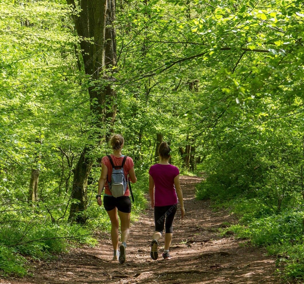  Plongez dans la quiétude de la nature avec cette image de deux femmes se promenant sur un chemin forestier. Dans le cadre d'une retraite bien-être harmonieuse, cette scène évoque la détente et la connexion avec la nature. Cette escapade offre une co