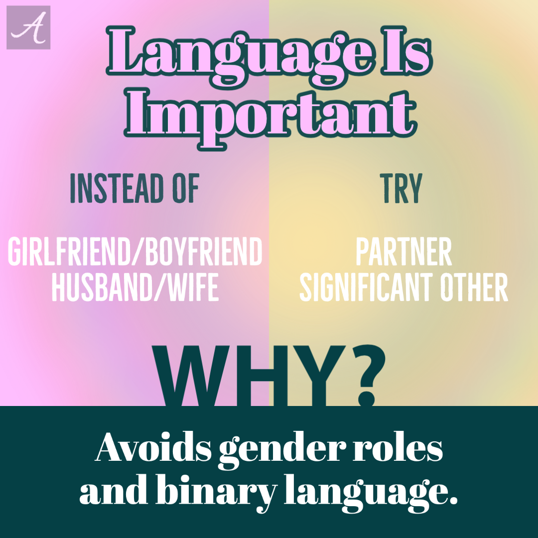  Using the term “partner” to replace boyfriend or girlfriend is widely suggested as a means to speak more inclusively, allowing gay, lesbian, and bisexual people feel safer. It also releases gender assigned roles and creates a more equal standing poi