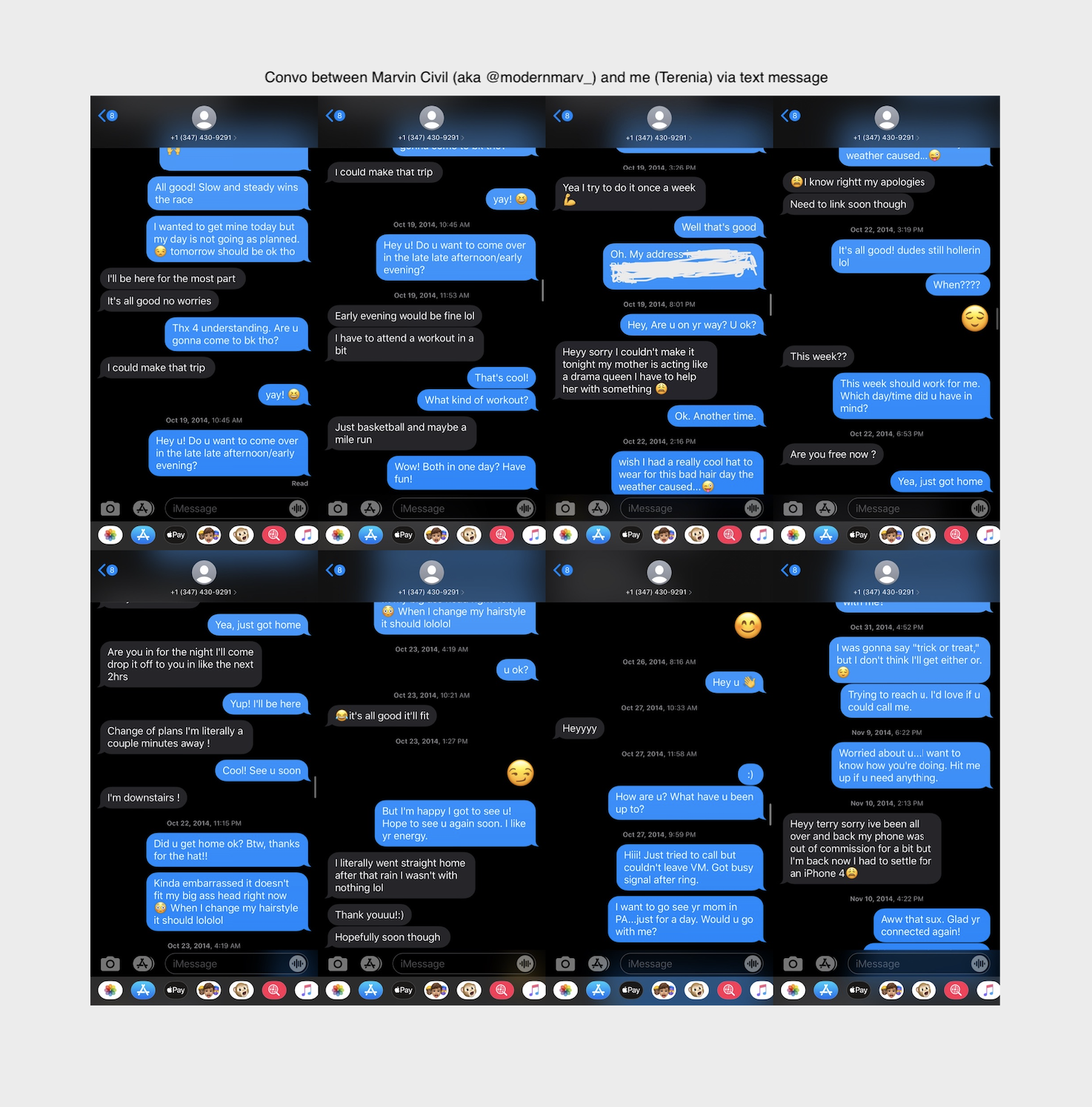 convo between marvin civil (aka @modernmarv_) and me (terenia) via text message in 2014