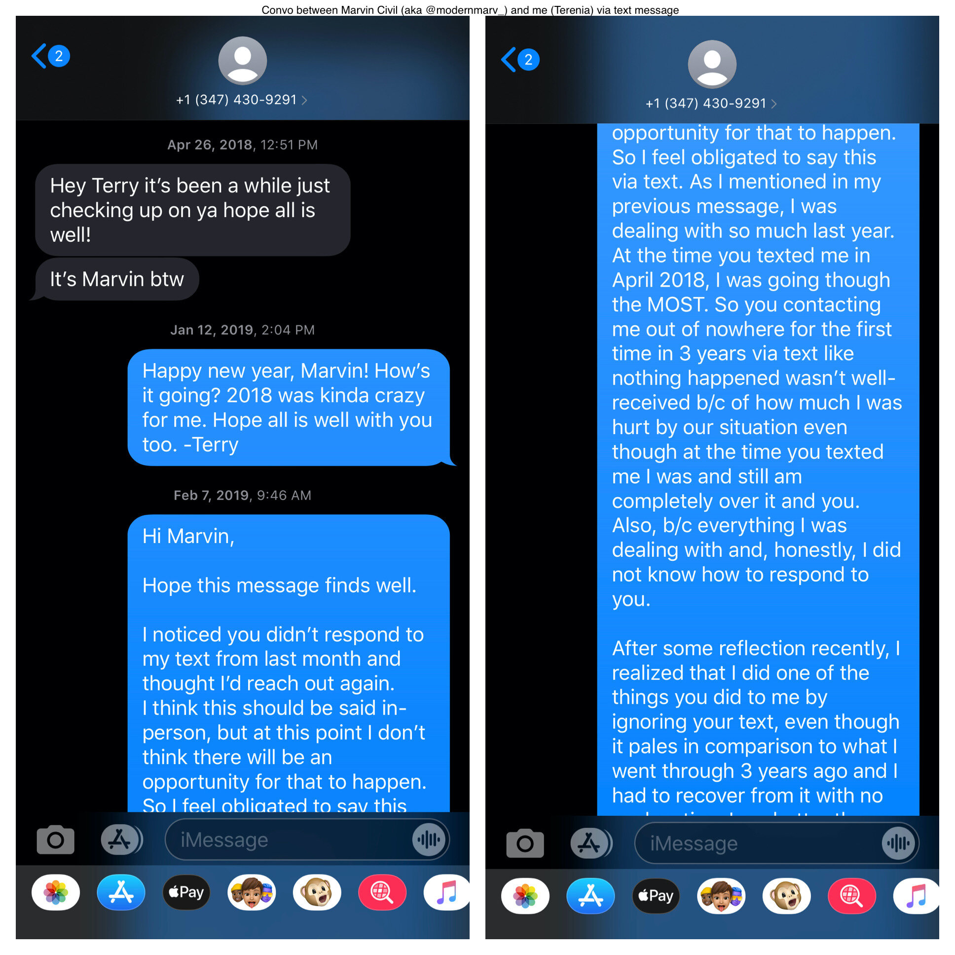  marvin civil (aka @modernmarv_) and me (terenia) via text message in 2018