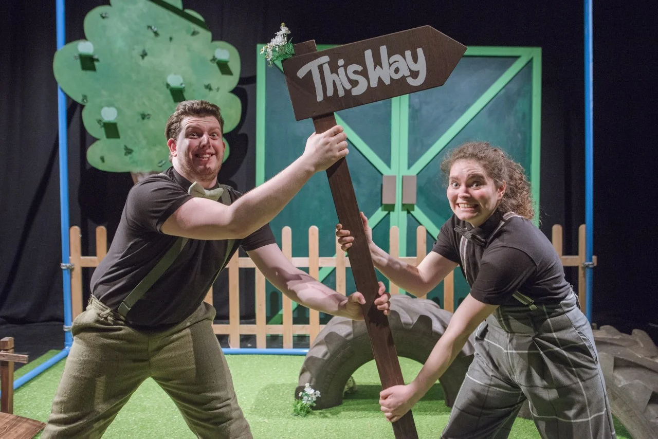 Adam Jay-Price and Mia Ward as storytellers in Mathilda and the Orange Balloon