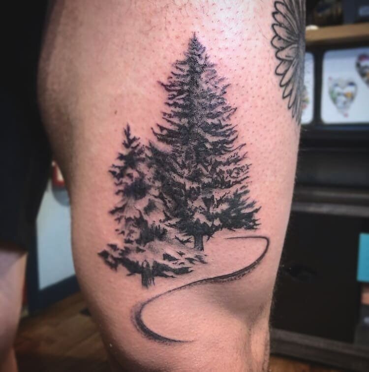 Etched this turn and some snowy trees on the front thigh above the knee. 

I almost missed these visitors because I have had some email difficulties lately with messages going to spam. If you reach out and don't hear back please check your spam/junk 