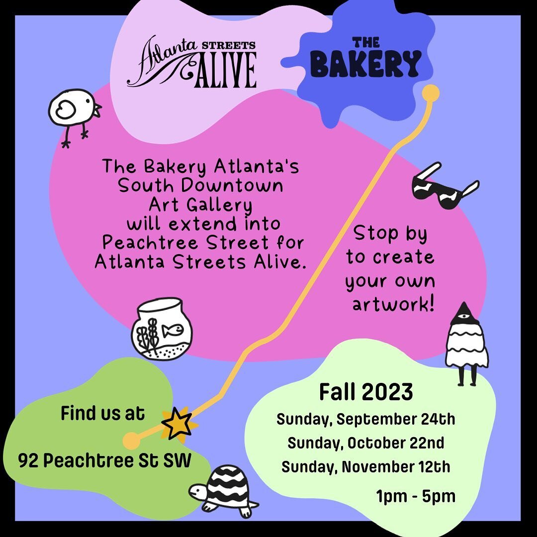 The Bakery Atlanta's South Downtown Art Gallery will extend into the street for Atlanta Streets Alive tomorrow! The Bakery team has created a large DIY art activity that also acts as a photo booth. 🎨 ✂️ 📸  Find us at 92 Peachtree Street SW along th