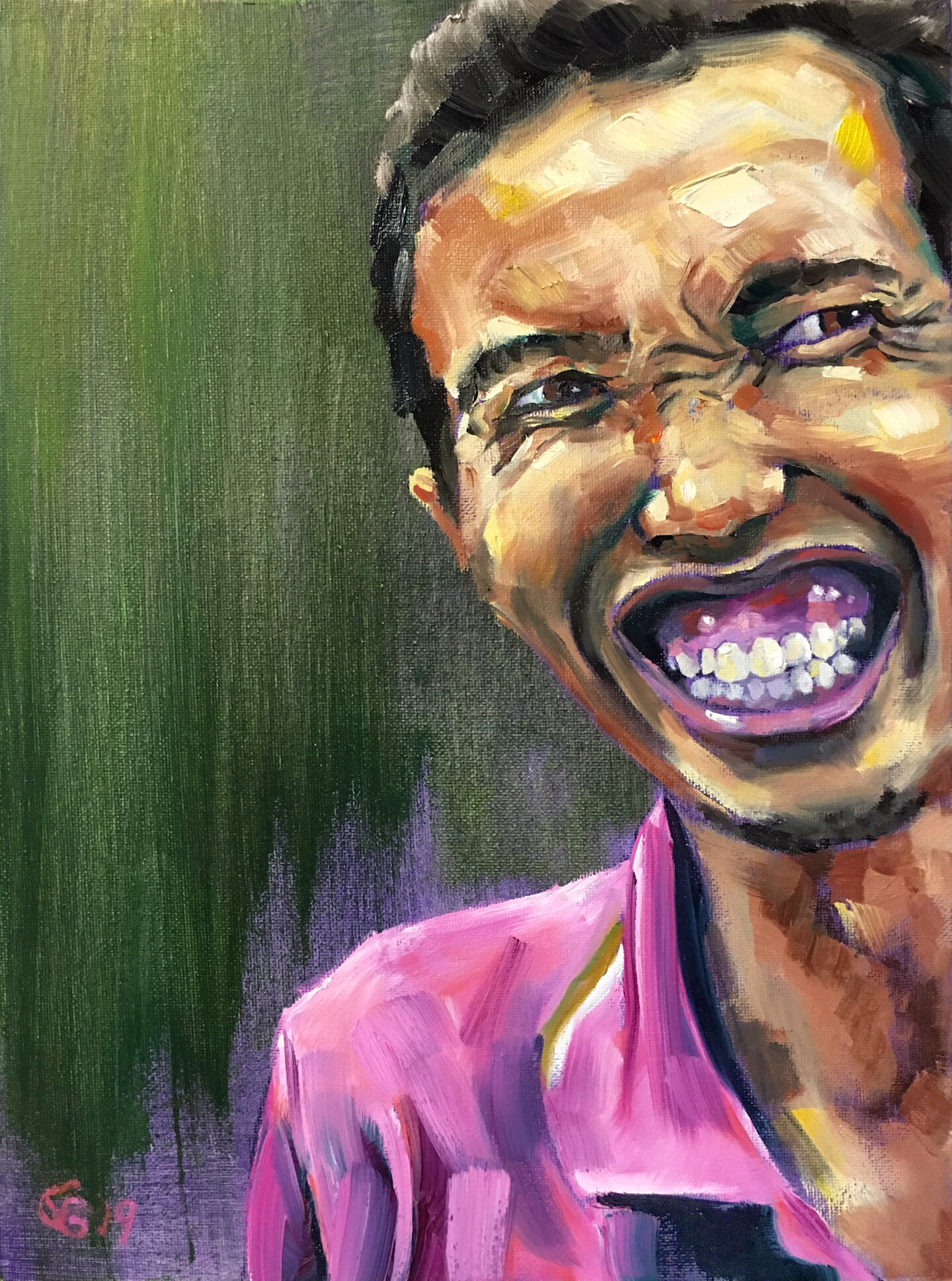  Painting of a young Balinese man with a wide grin. He is positioned to the right side of the composition, with an abstract green and purple background at left. He is wearing a magenta collared shirt, his hair is short and dark, and his eyes look off