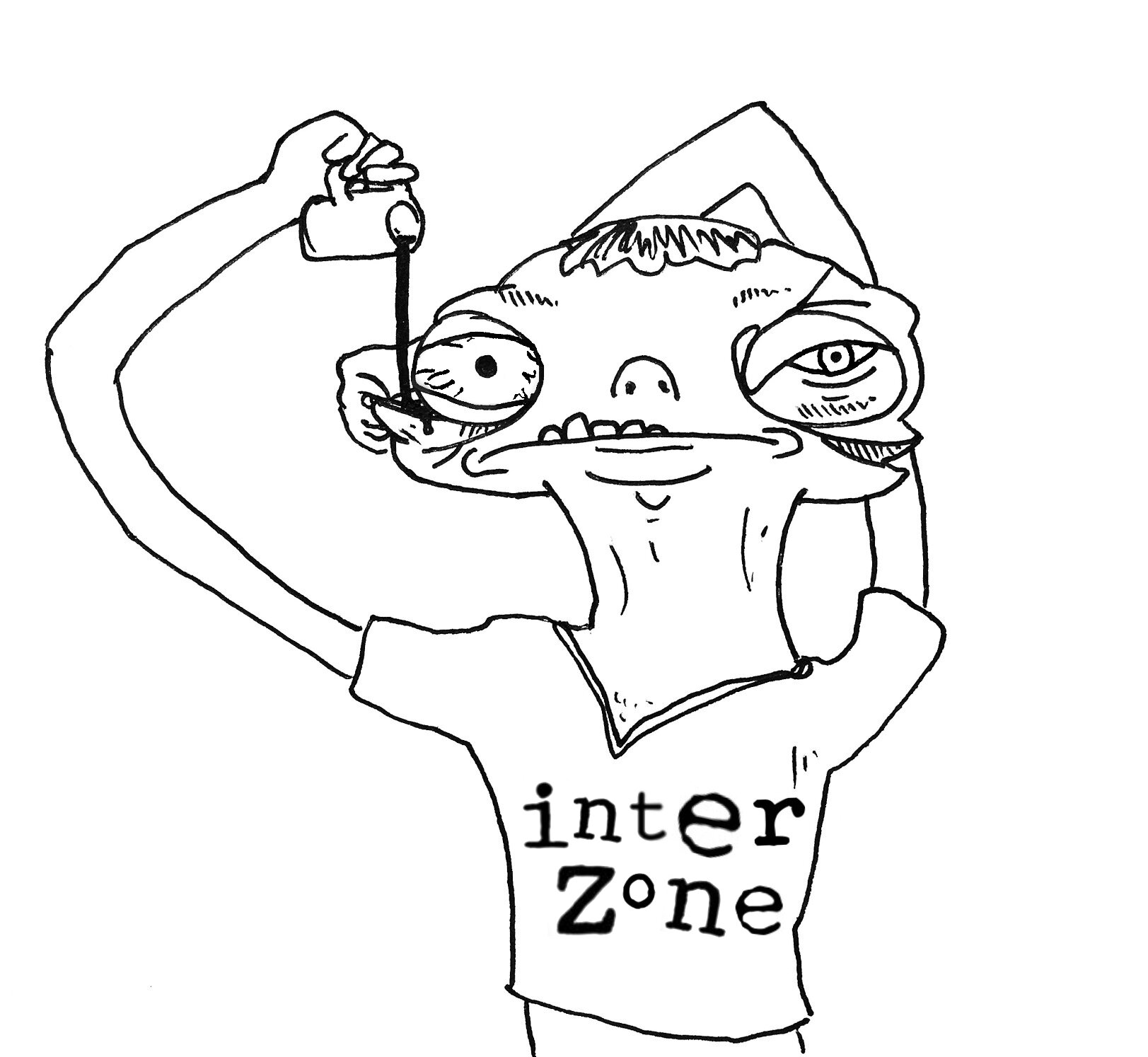  Ink drawing in black on white, of a cartoonishly grotesque male figure wrapping one hand around the back of his head to pull his lower eyelid to the side while the other hand pours coffee from a cup into the eyelid. He wears a t-shirt reading “Inter