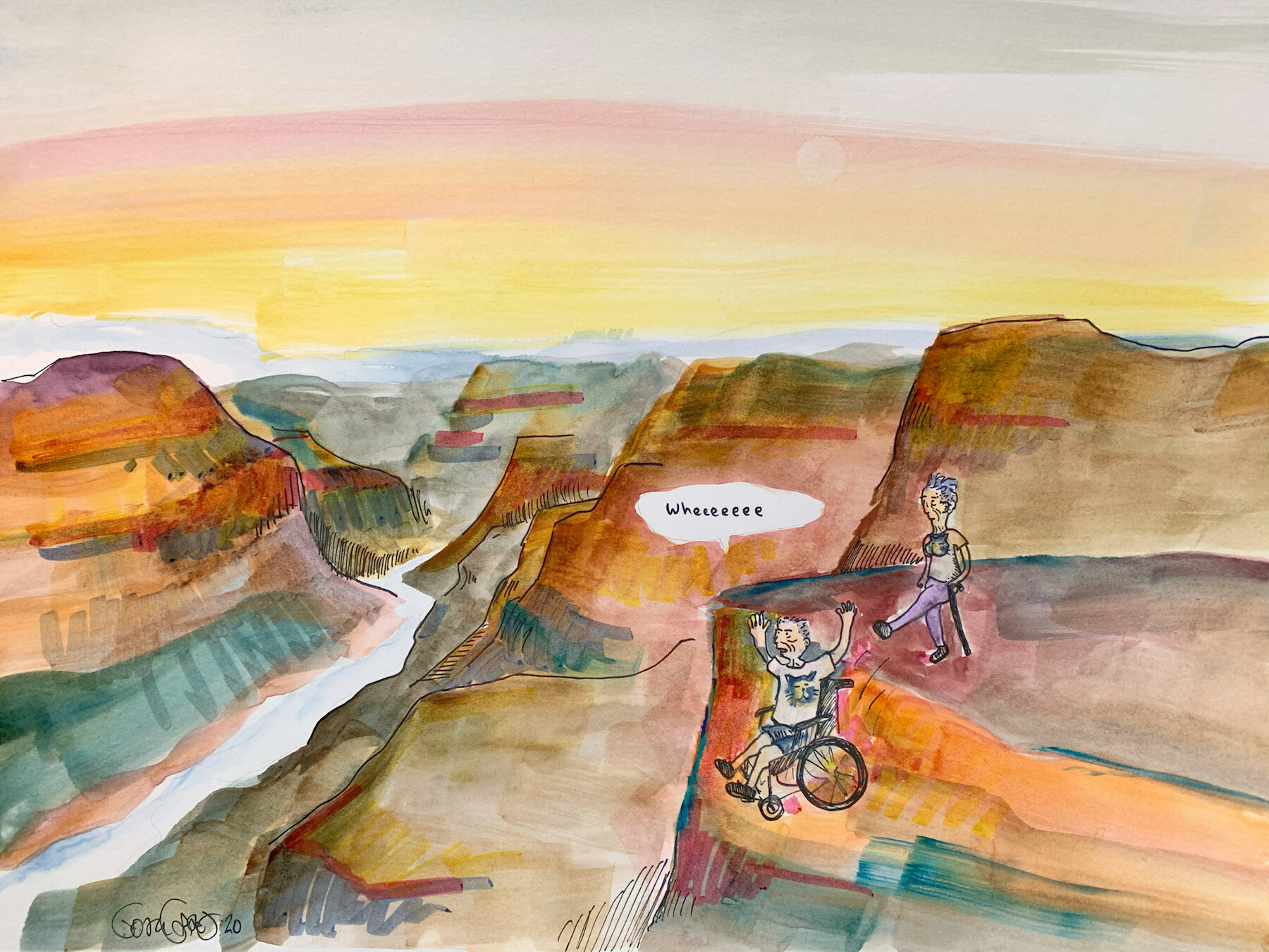  Ink and watercolor painting in a cartoonish style, depicting the Grand Canyon, with two figures in the foreground at lower right: And elderly white woman pushes an elderly white man in a wheelchair off the edge of the canyon while he yells “Wheeeeee