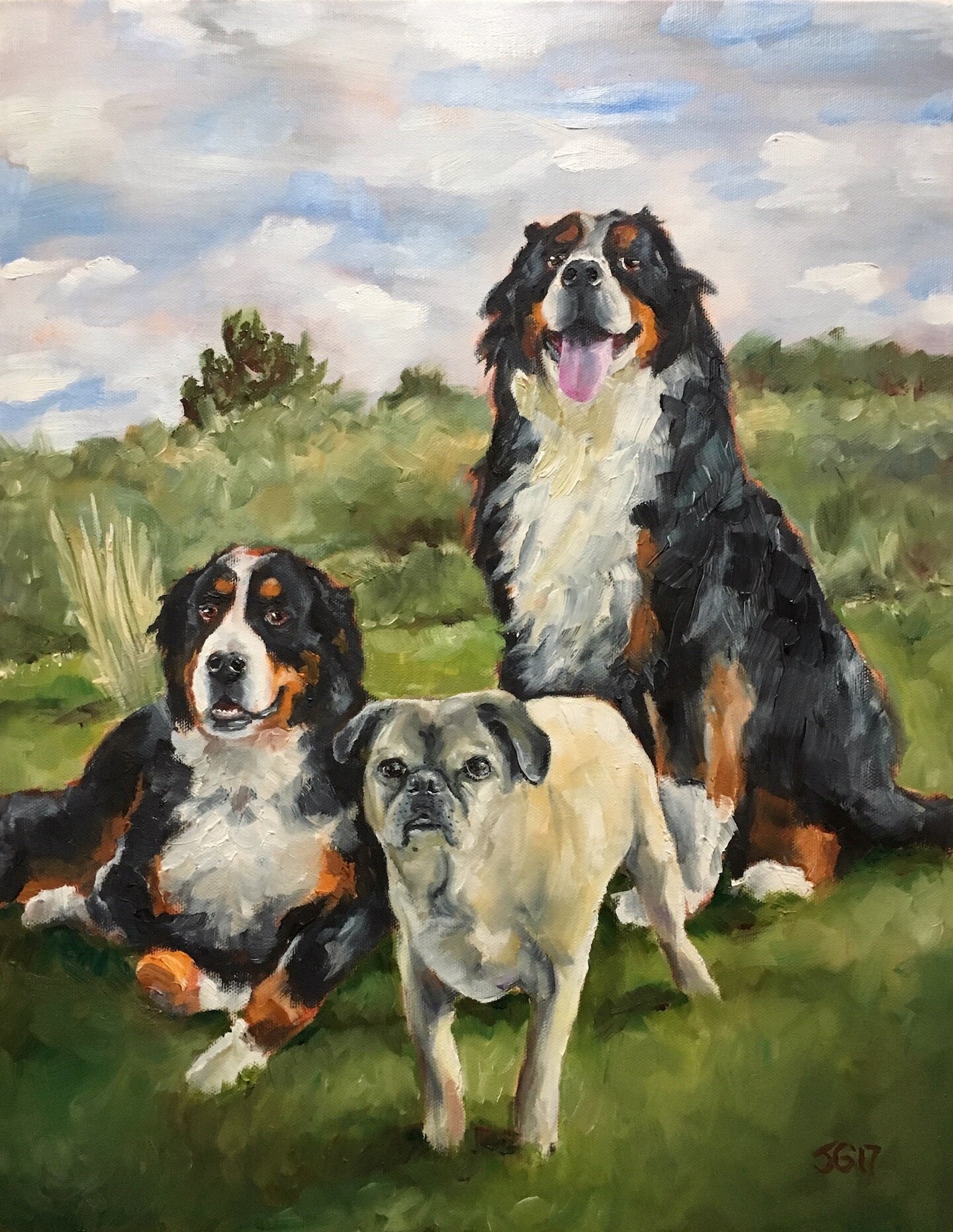  Painting of three dogs in a grassy landscape. Two are Bernese mountain dogs—one lying down at left, one seated upright at right—and one is a beige pug, standing in front of the others. The landscape behind them is hilly, with tall grass and trees, u