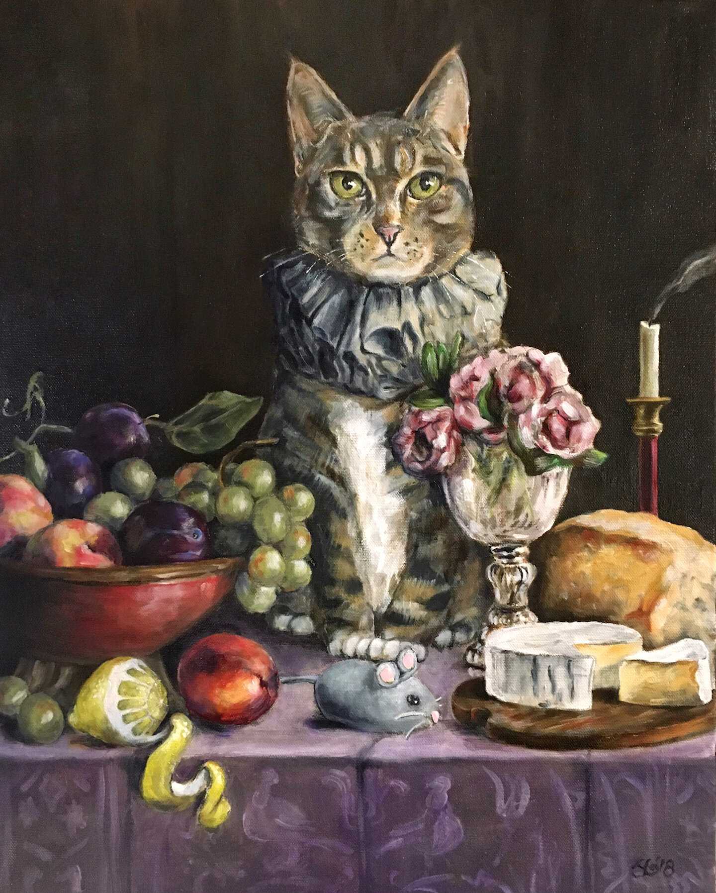  Painting of a grey tabby cat wearing a Victorian style ruffled collar, sitting on a table surrounded by fruit and other items in the style of a baroque still life, in front of a dark brown background. Included are a vase of flowers, a bowl with grap