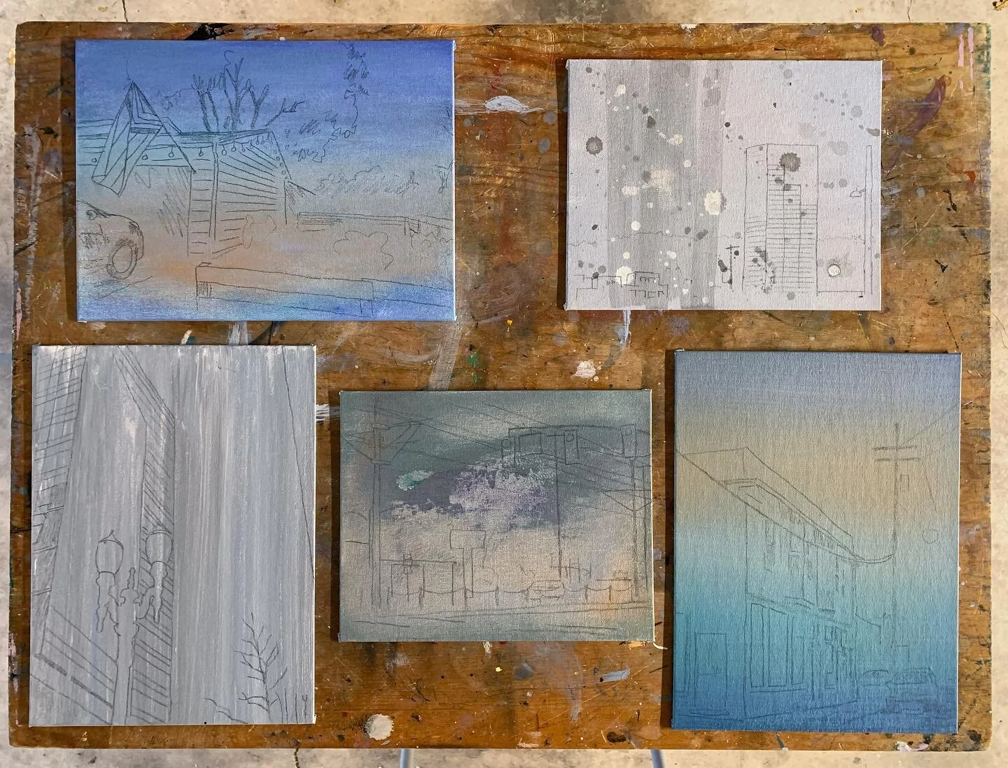 Something I like to do alongside bigger projects is to create small, abstract acrylic underpaintings and then add scenes on top of them in oils. I&rsquo;ll pick references from my own photography and match them up with backgrounds, looking for intere