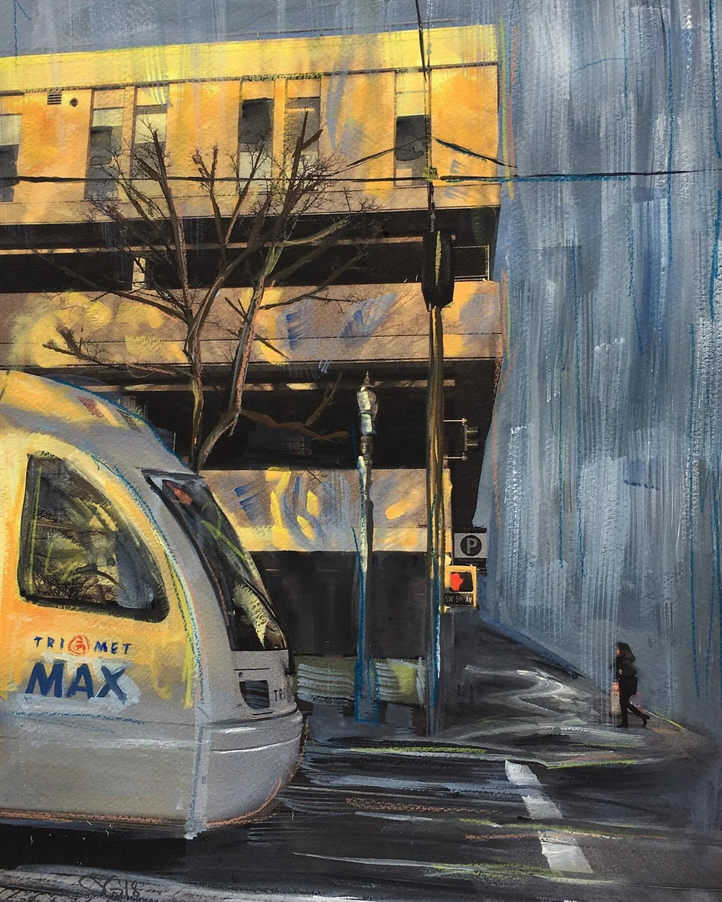 #tbt circa 2018: the MAX cruising up 5th Avenue in downtown Portland. This piece is sold, but prints can be ordered on my website (link in bio), and there are plenty of other paintings from my Words For Rain series still available for purchase&mdash;