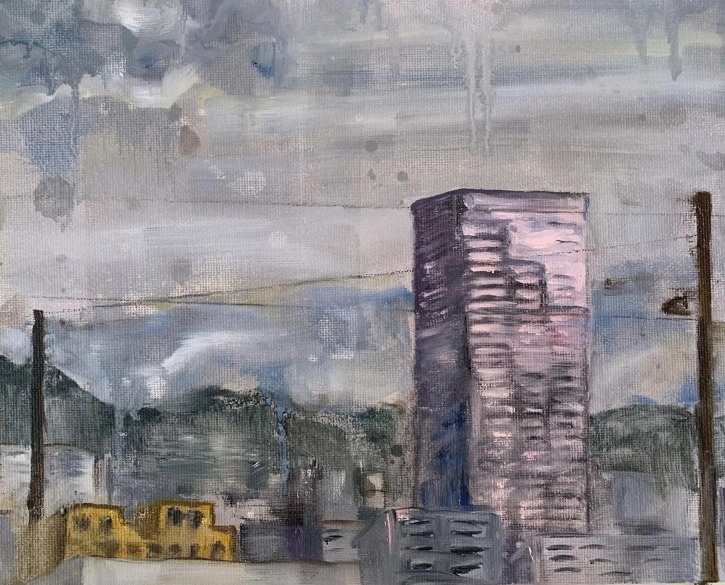 Fresh off the easel! Big Pink (the U.S. Bancorp Tower) in Portland; oil, acrylic and graphite on canvas panel. This is another one that will come available for purchase during Portland Open Studios in October&mdash;but you can order prints right now 