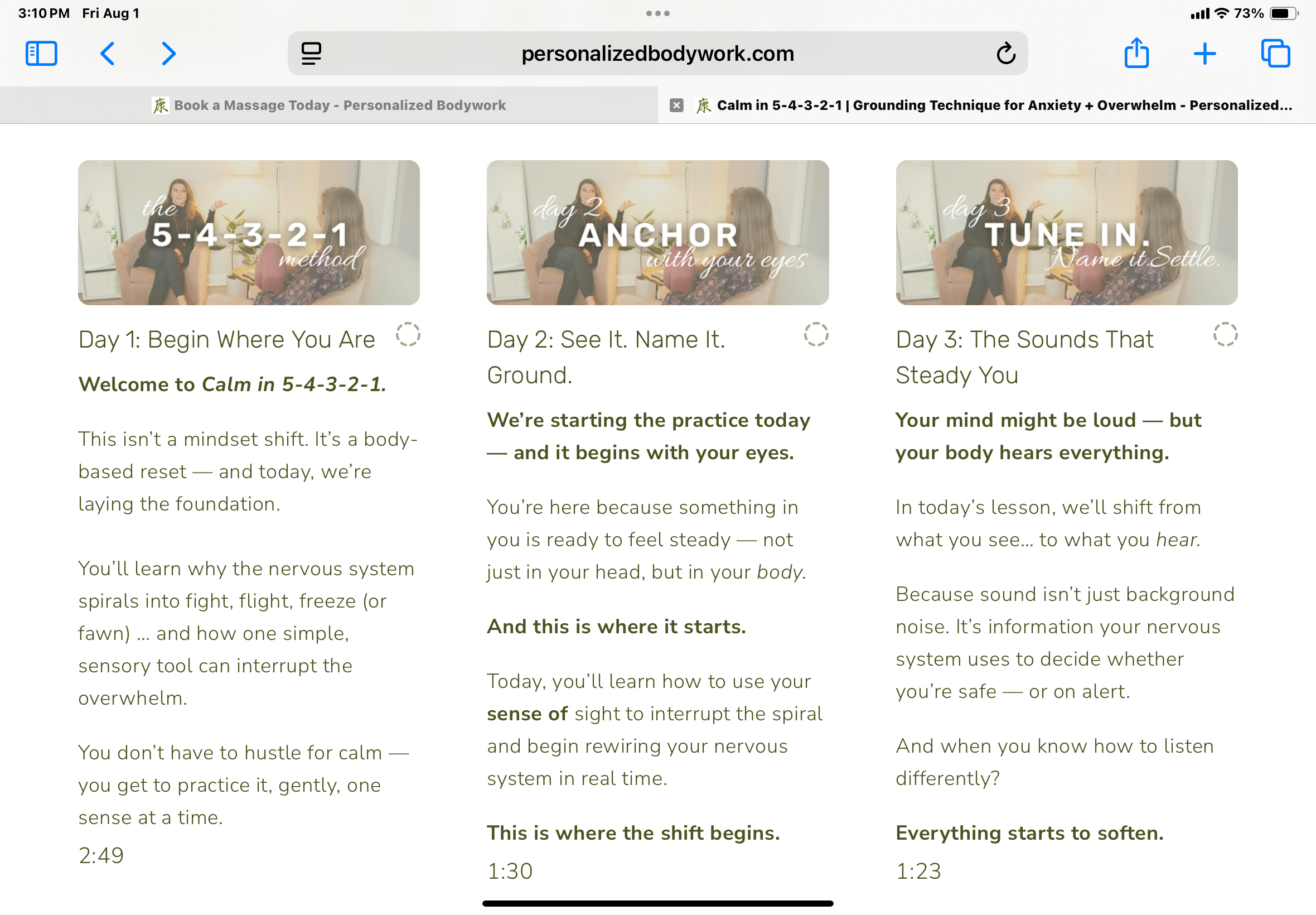 Screenshot of the Calm in 5-4-3-2-1 journal prompts that help you anchor the grounding method into your nervous system so it sticks in real-life stressful moments.
