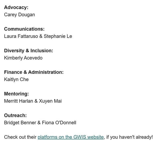 The results are in for thr GWIS E-board elections! Please welcome our new E-board for the 2020-2021 academic year! Check out their platforms on the GWIS website if you haven't already. Congratulations everyone!