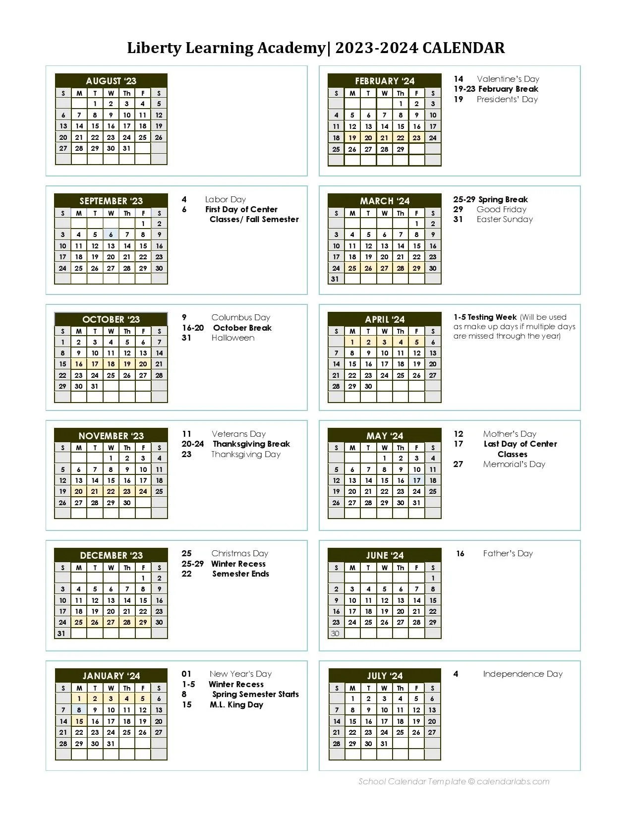 Calendar — Liberty Learning Academy