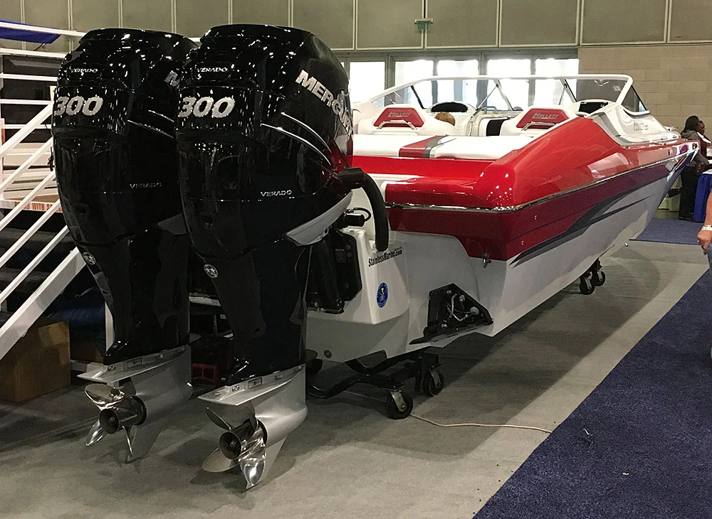 Hallett introduced an outboard version of the 290-S. With twin Verados it goes 77 MPH. More of a big lake boat. Not my favorite Hallett design. 