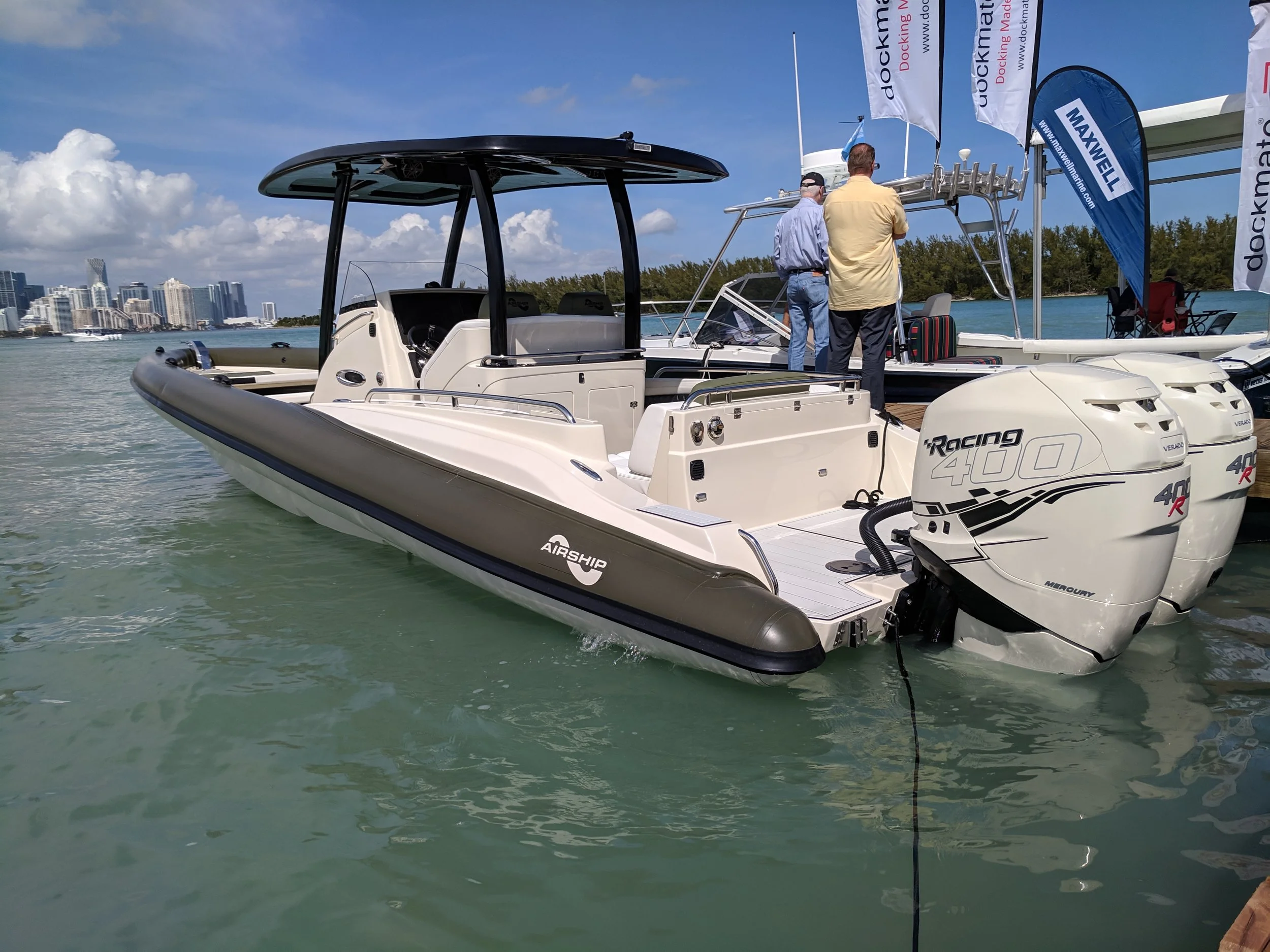 The Airship RIB 340, with twin Racing 400Rs, finished in an off white and grey. Absolutely beautiful boat, and really fast. Features a stepped 25 degree deadrise hull, to handle all water. Very versatile design.