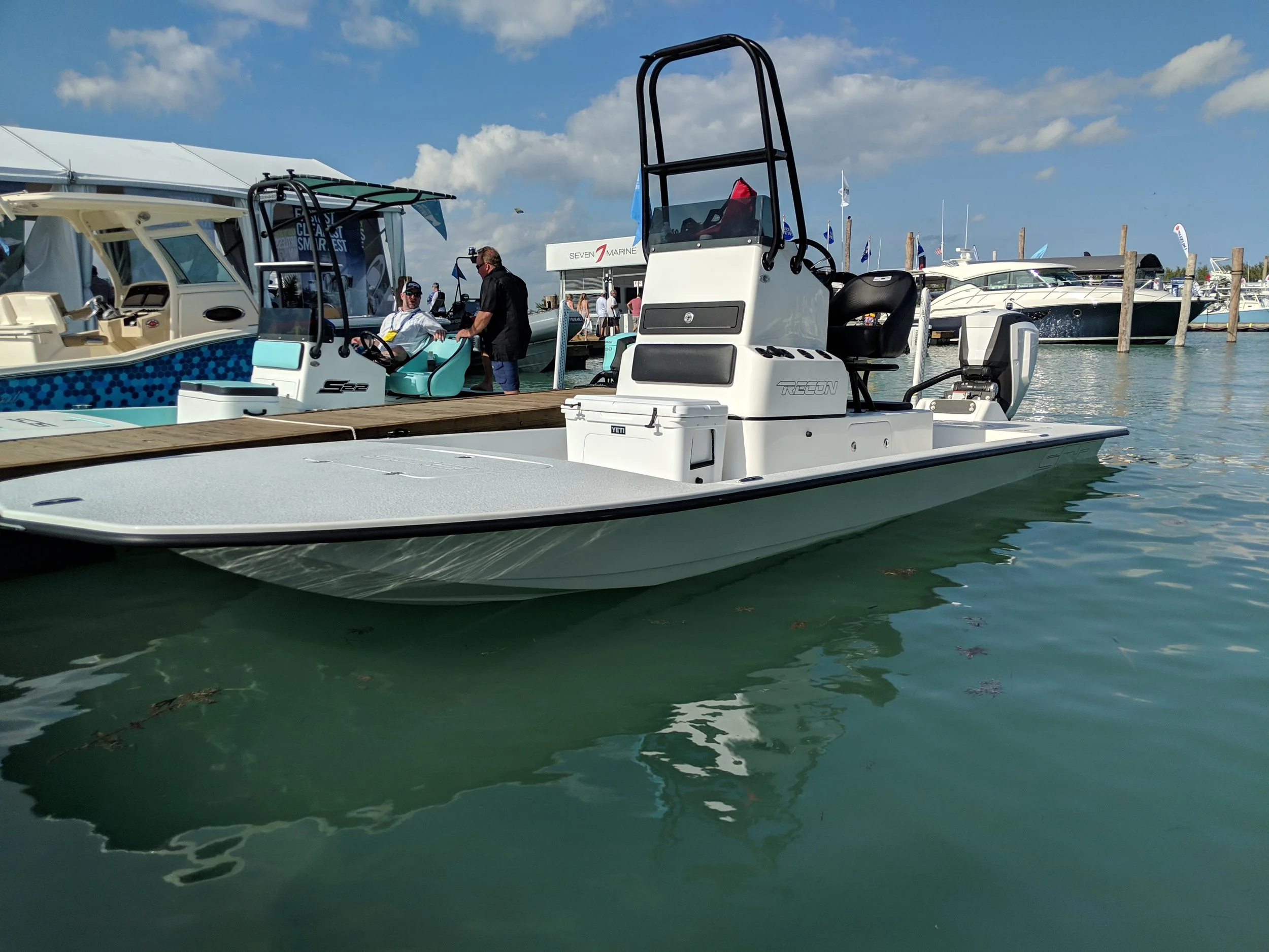 The SCB Recon is striking in person, seen here with an Evinrude G2.
