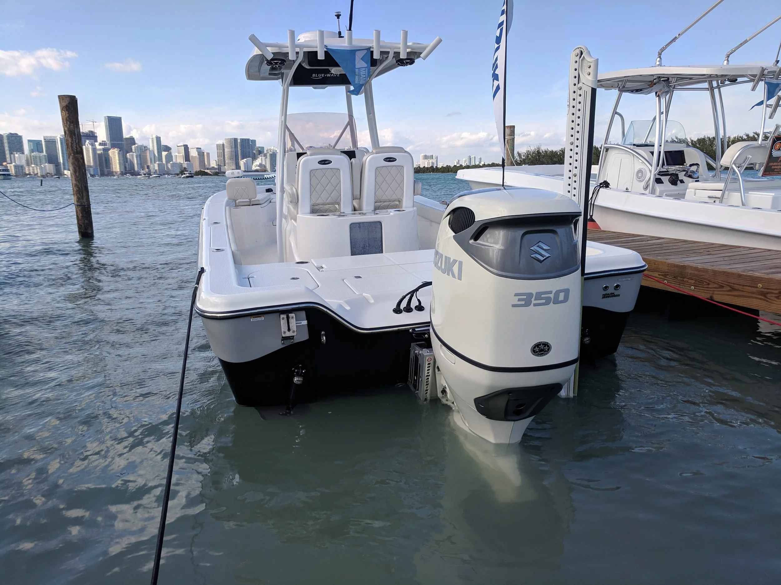 Suzuki offers a clean aesthetic, and a great value. The DF350 is a great single engine option when you need serious torque, and the benefit of the dual propellers. More economical than twin 200 HP engines.