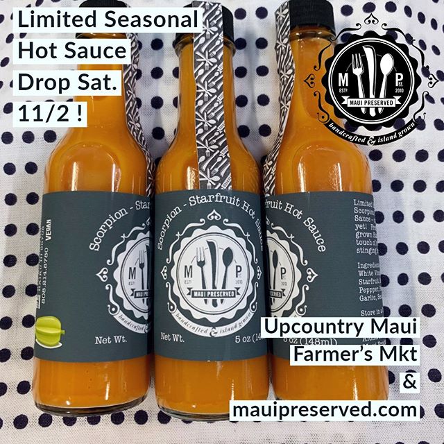Extra Hot  Maui Grown Scorpion Peppers + Tree Ripened Starfruit from @mauiseeds .  Sweet heat that is hard to beat 🌞. Come see me @upcountryfarmersmarket tomorrow or check out mauipreserved.com to order online
