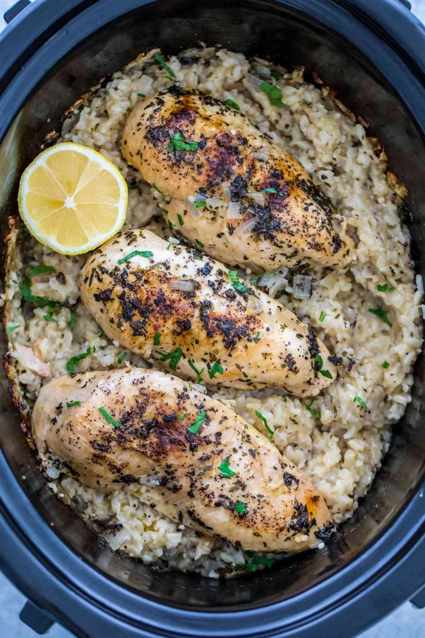 Lemon Garlic Crockpot Chicken and Rice
