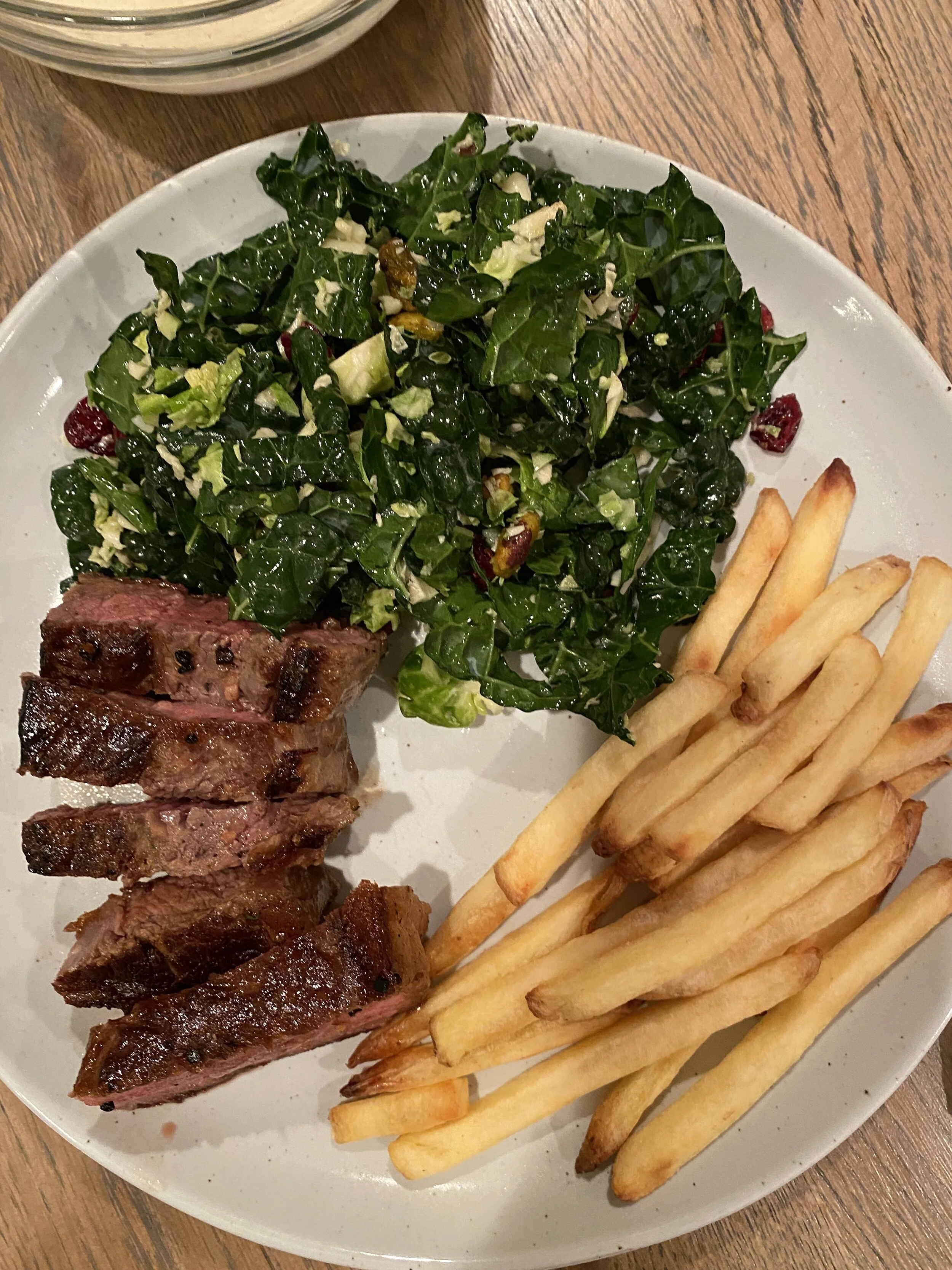 Steak Frites with Homemade Dijonnaise &amp; Kale and Brussel Sprouts Salad