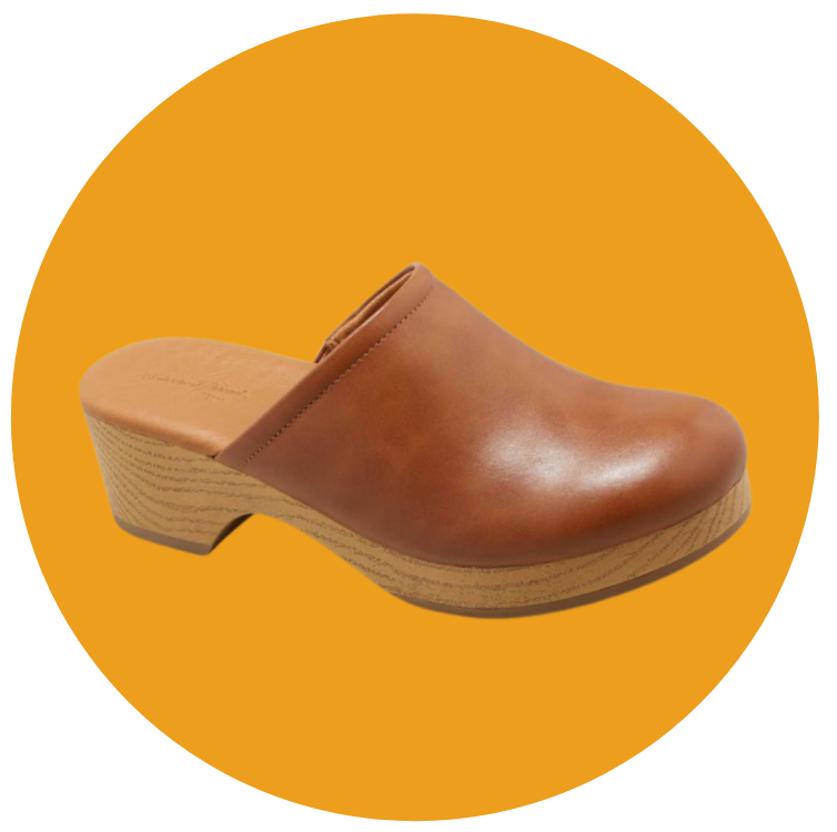 brown leather clogs
