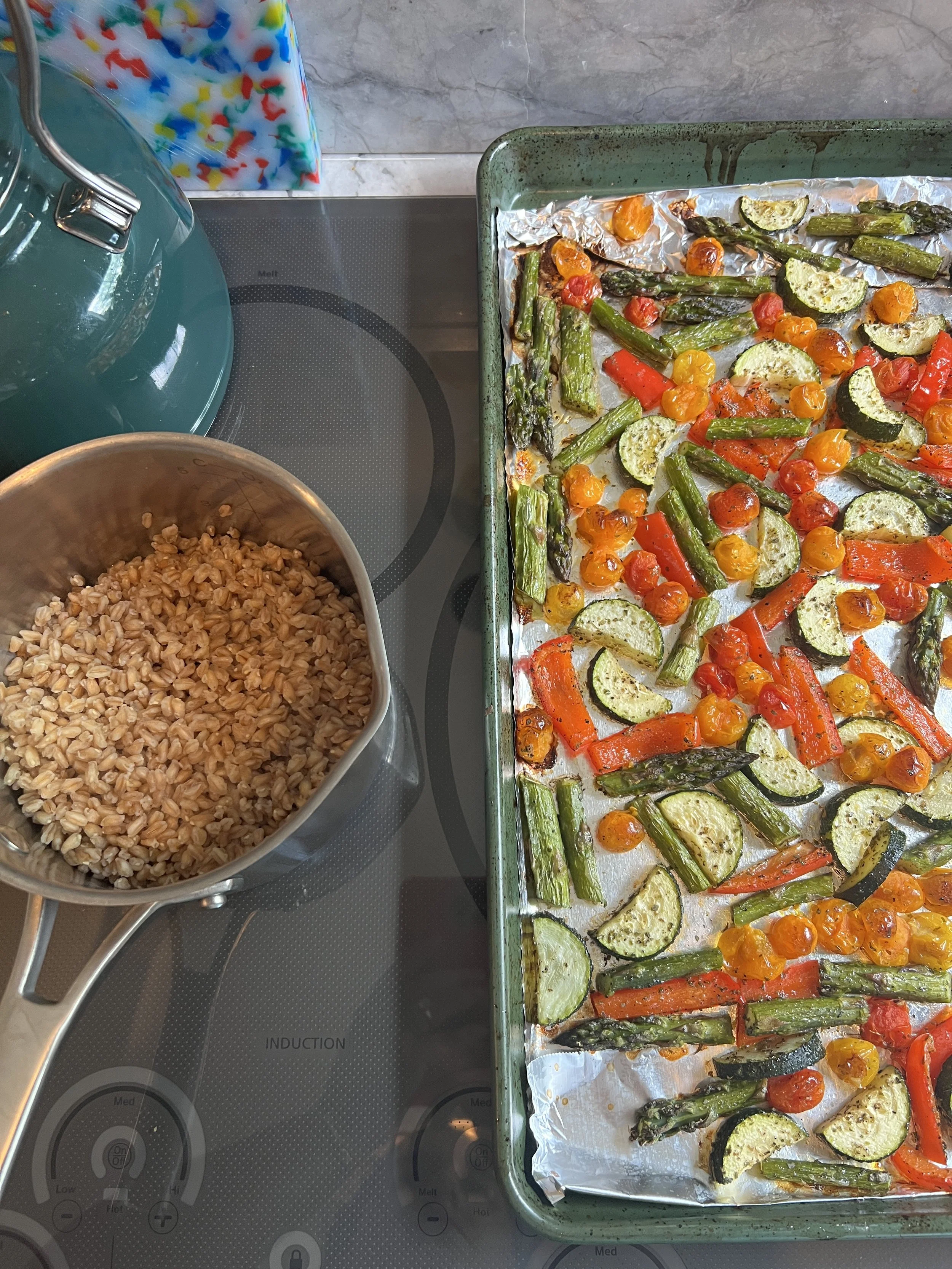 Roasted Veggie Summer Salad with Farro and Shrimp