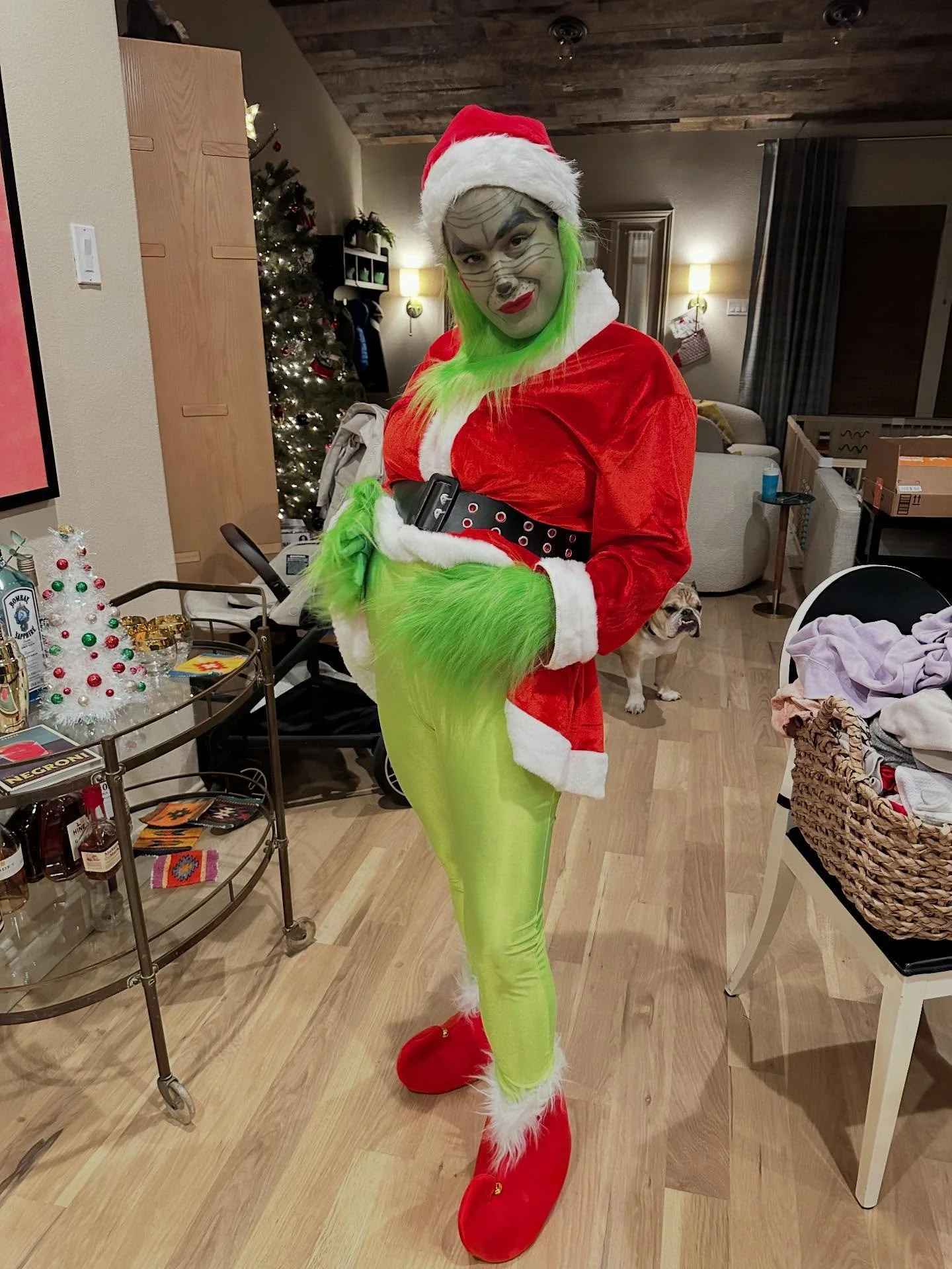 &ldquo;i&rsquo;m just so pissed i can&rsquo;t drink.&rdquo; &ldquo;then just come as the Grinch.&rdquo; and she did. COMMITTED TO THE BIT. 💚❤️ @algolden &amp; @jilgolde throw the best christmas parties!!!