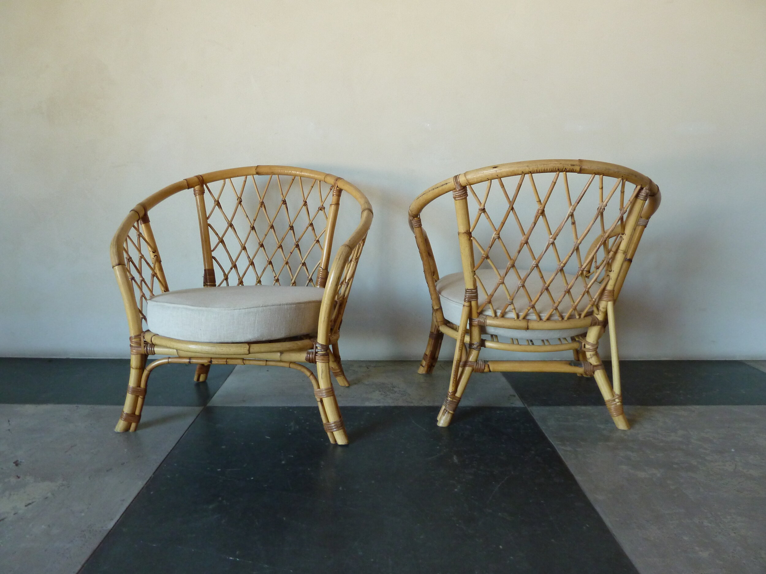 Pair of 1950s Rattan Armchairs with Linen Seats