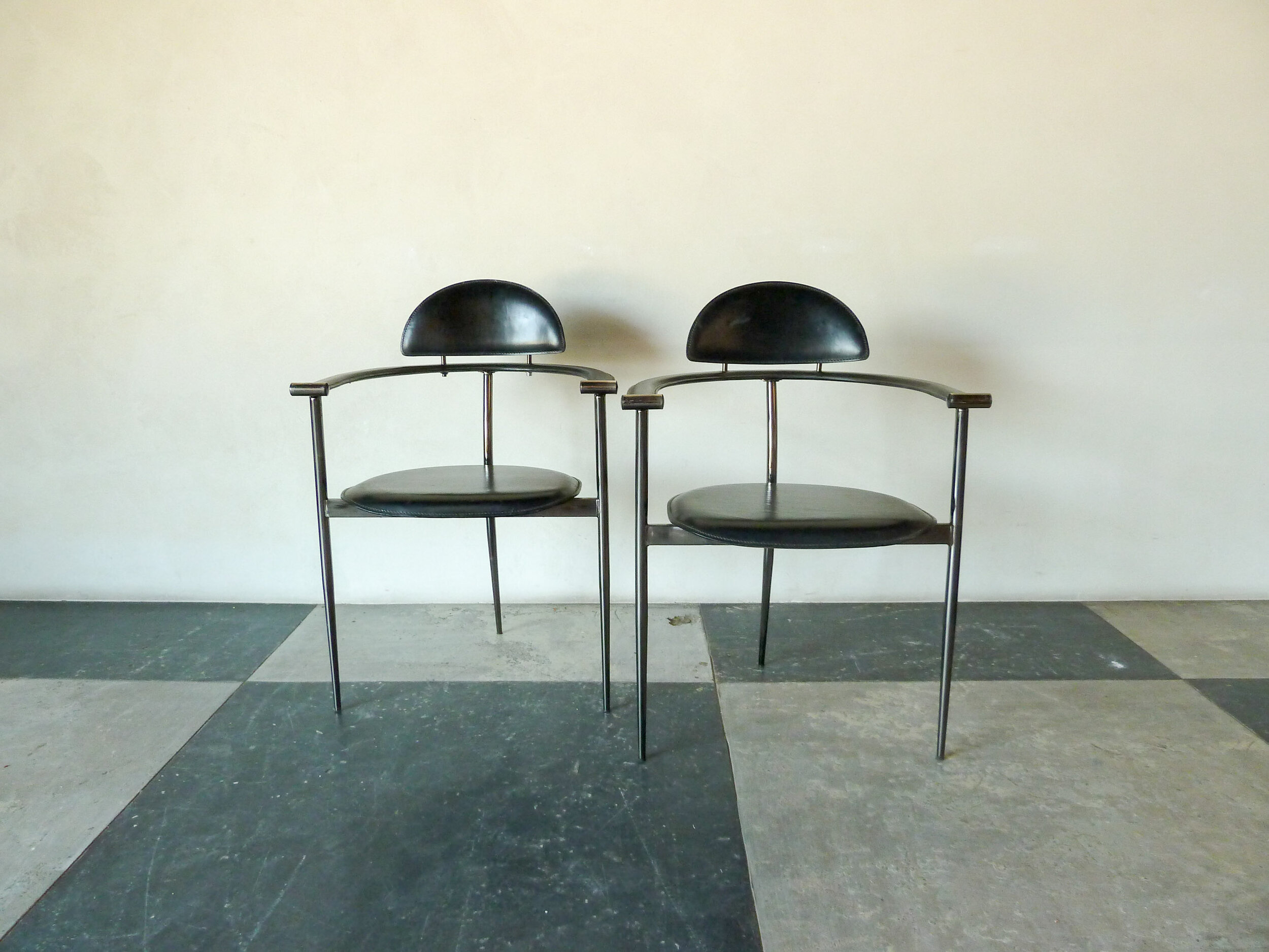Set of Four Black Leather Stiletto Chairs by Arrben 