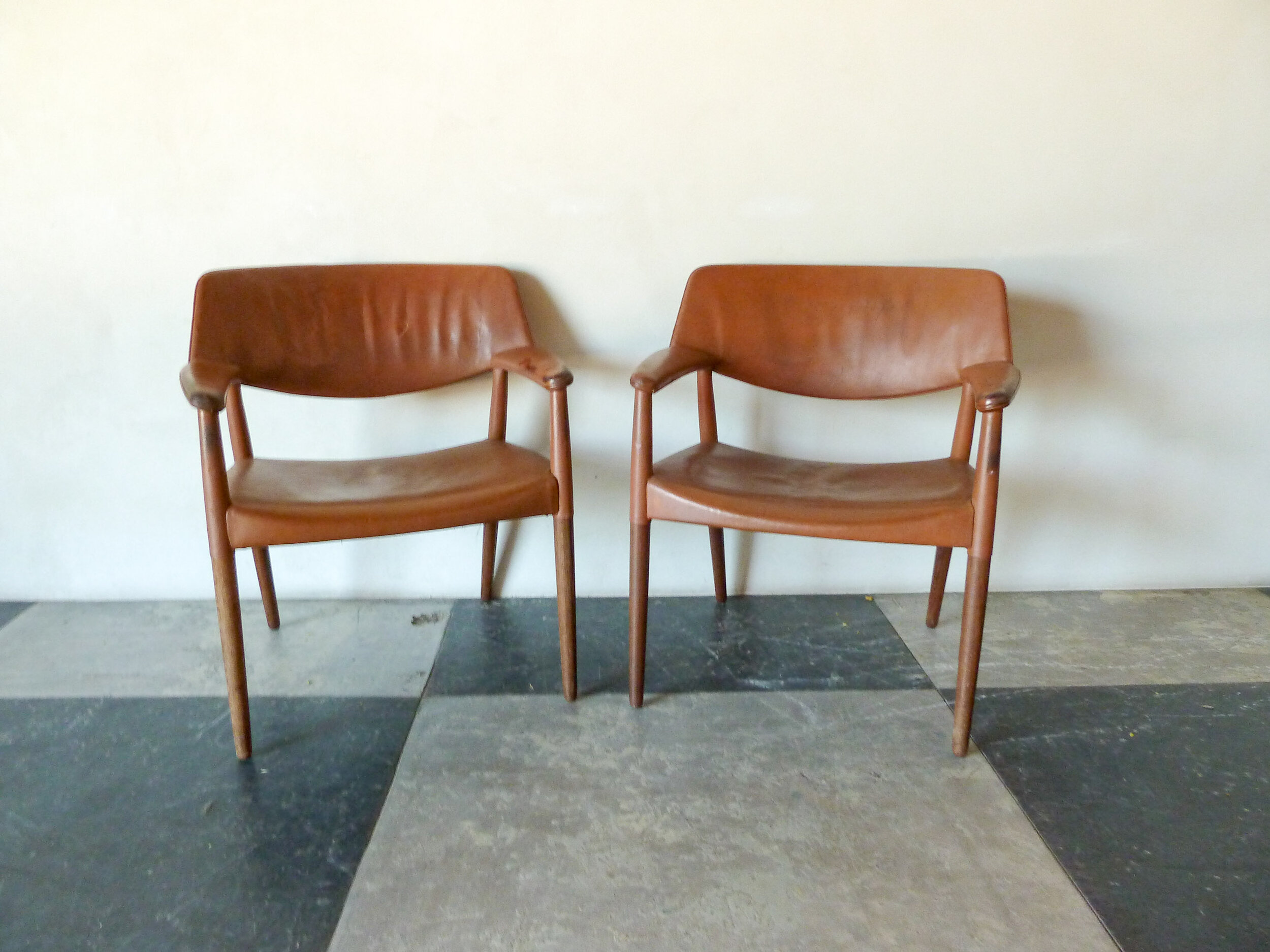 Brown Leather Arm Chairs by Ejner Larsen &amp; Aksel Bender Madsen
