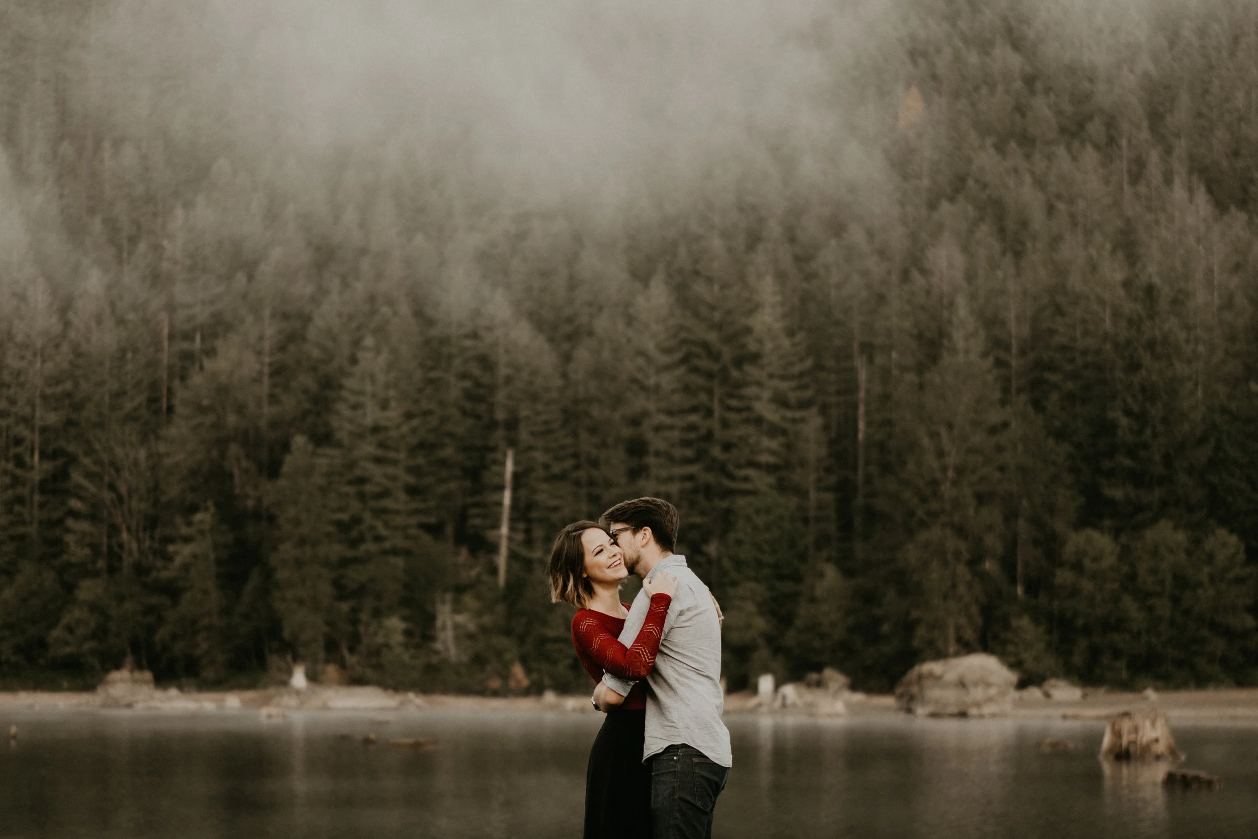Rattlesnake Lake engagement photos on a foggy morning