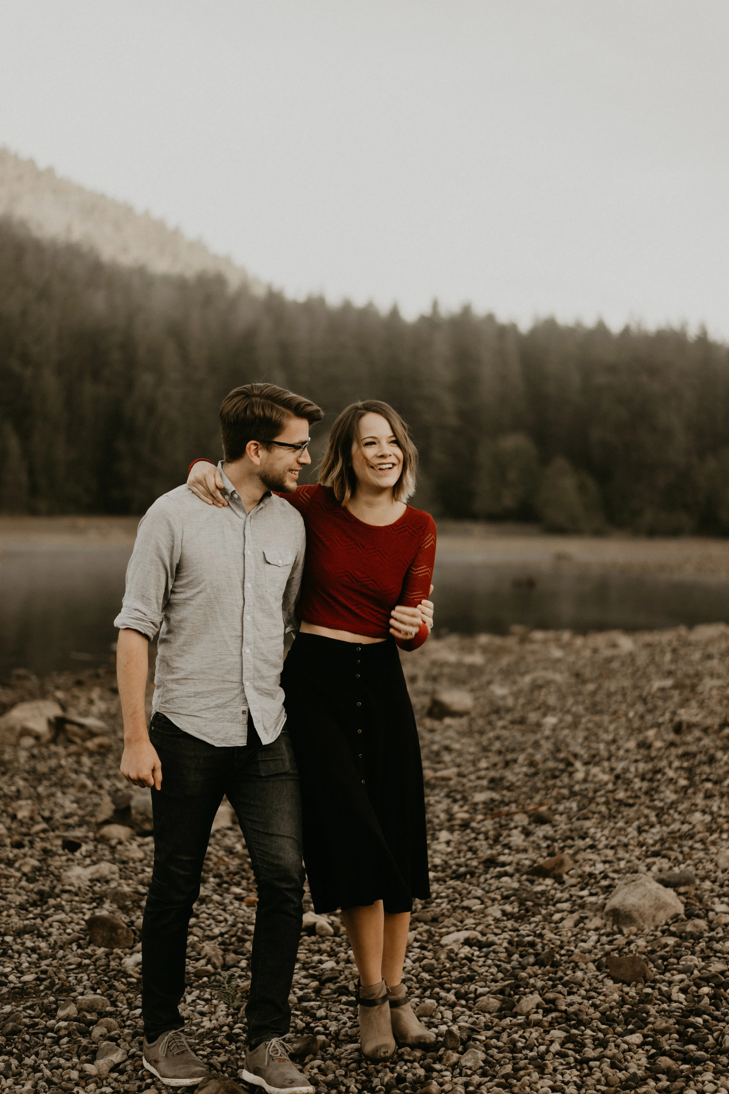 Rattlesnake Lake engagement photos on a foggy morning