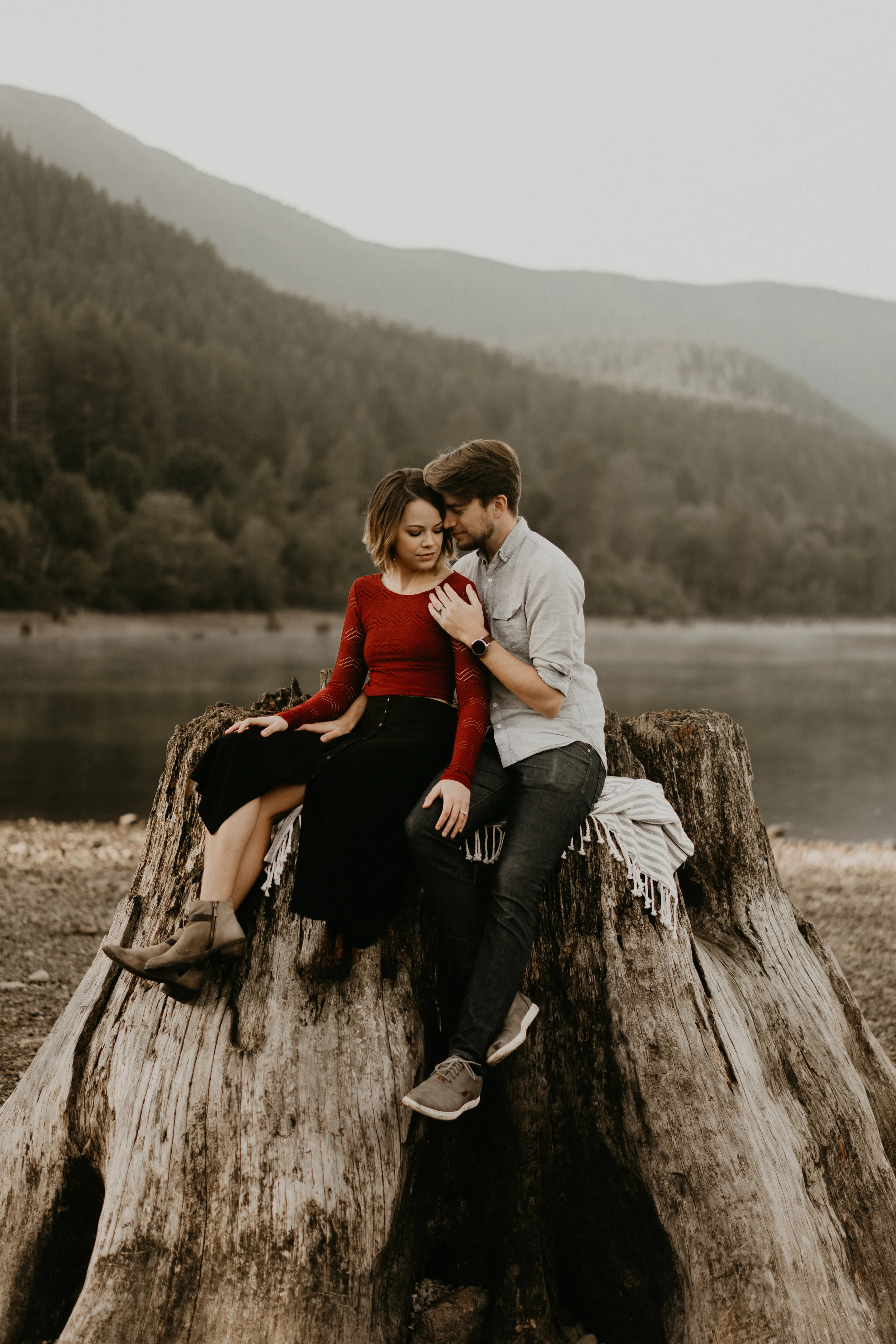 Rattlesnake Lake engagement photos on the famous tree stumps
