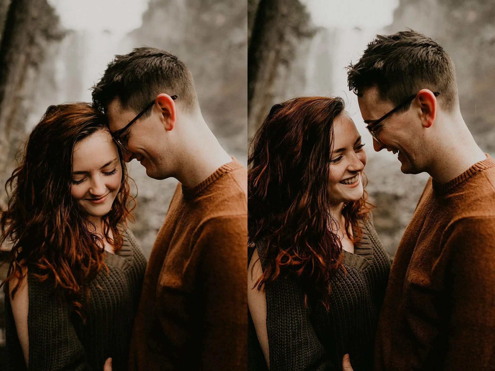 Intimate moment in front of waterfall in Washington engagement photo 