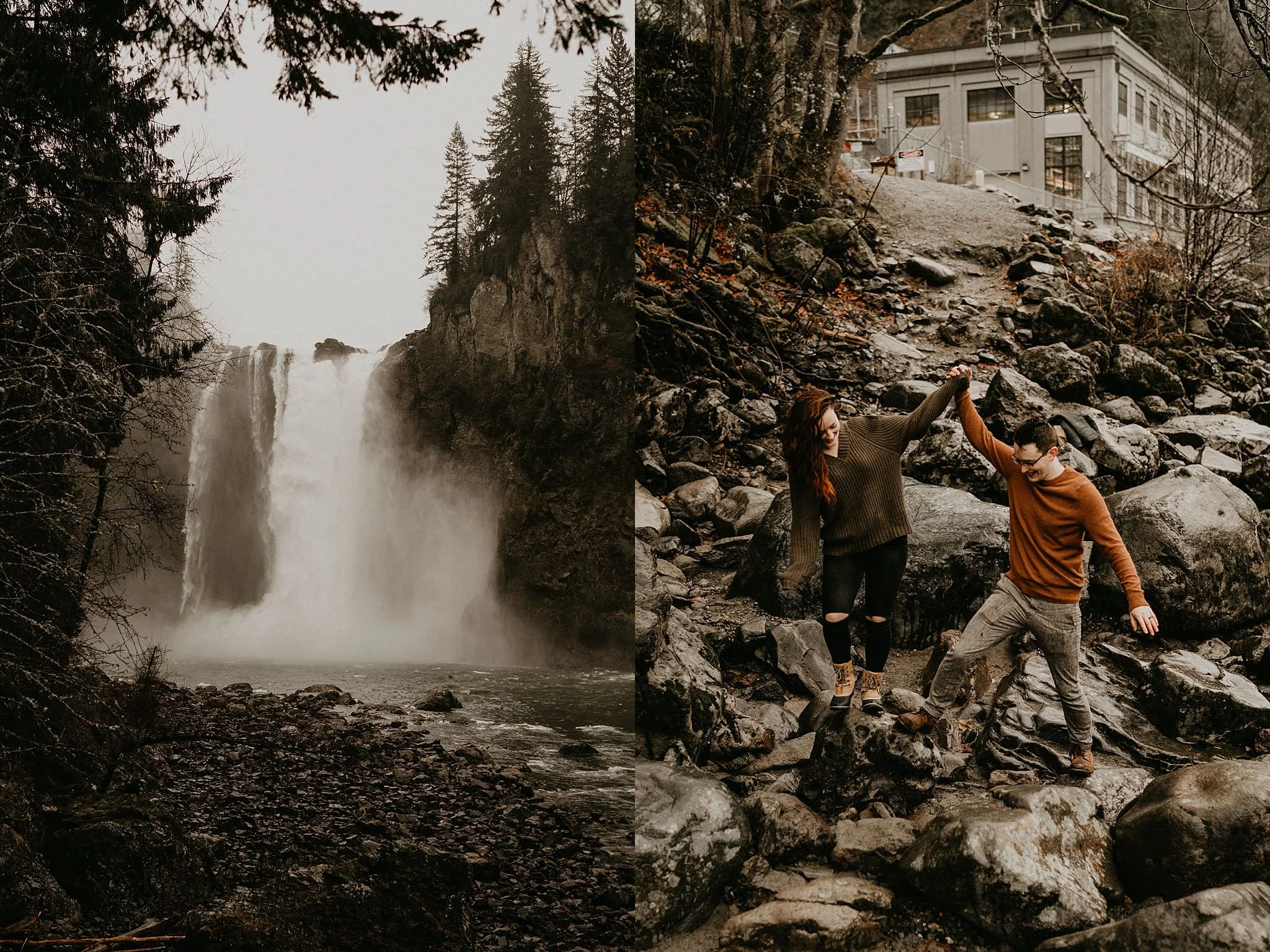 Snoqualmie Falls winter rain engagement photos