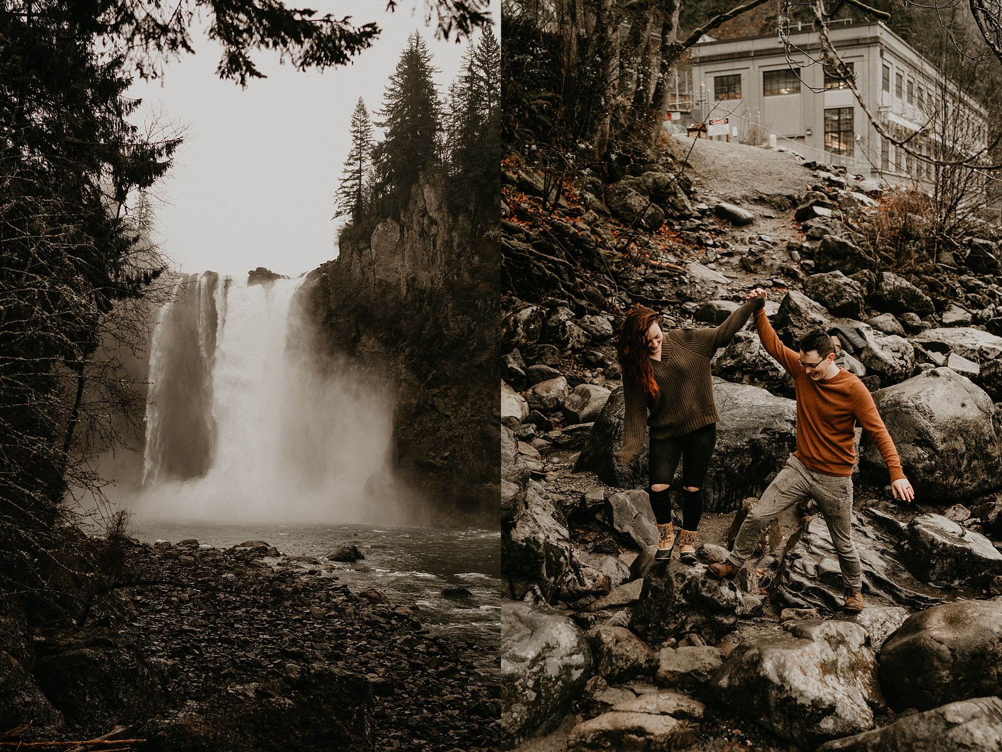 Snoqualmie Falls winter rain engagement photos